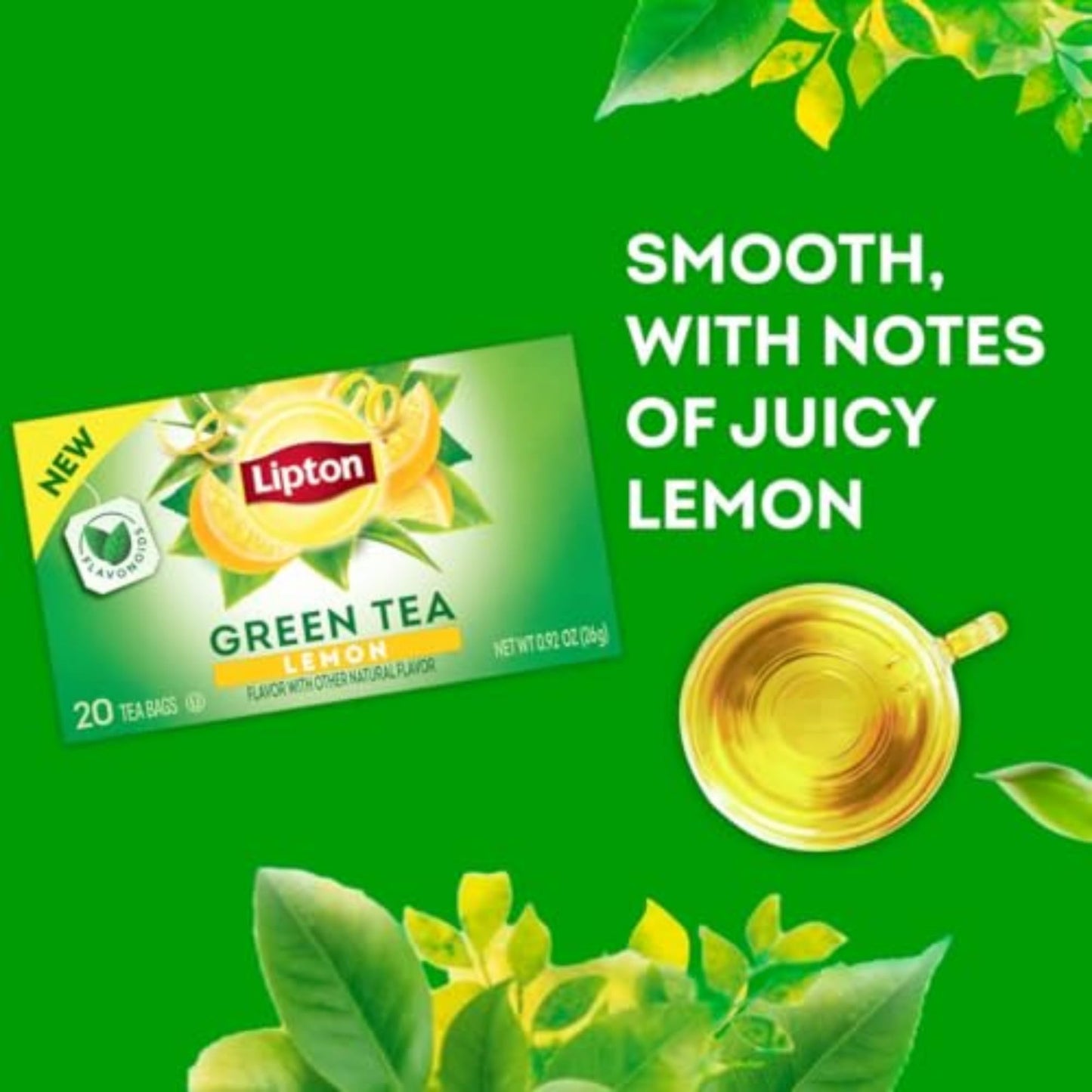 Lipton Lemon Green Tea Bags, Flavored, Unsweetened, 20 Tea Bags, Caffeinated, Model 800324