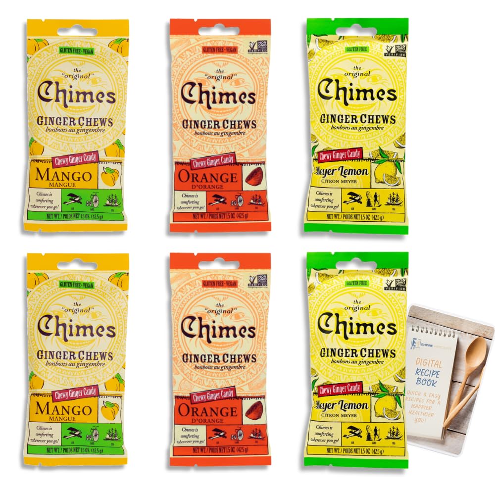 Empire Mercante Ginger Chews Variety Pack - 6 Count (2 Each: Mango, Orange, Lemon) - Vegan, Gluten Free, Organic