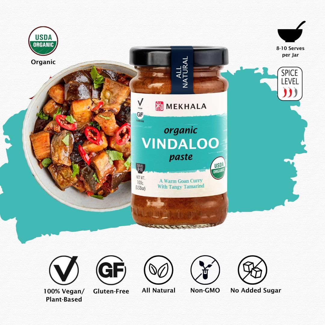 Mekhala Organic Vindaloo Indian Cooking Paste. Versatile Sauce, Marinade, Cooking Paste. Hot. Organic Vegan Gluten-Free No Added