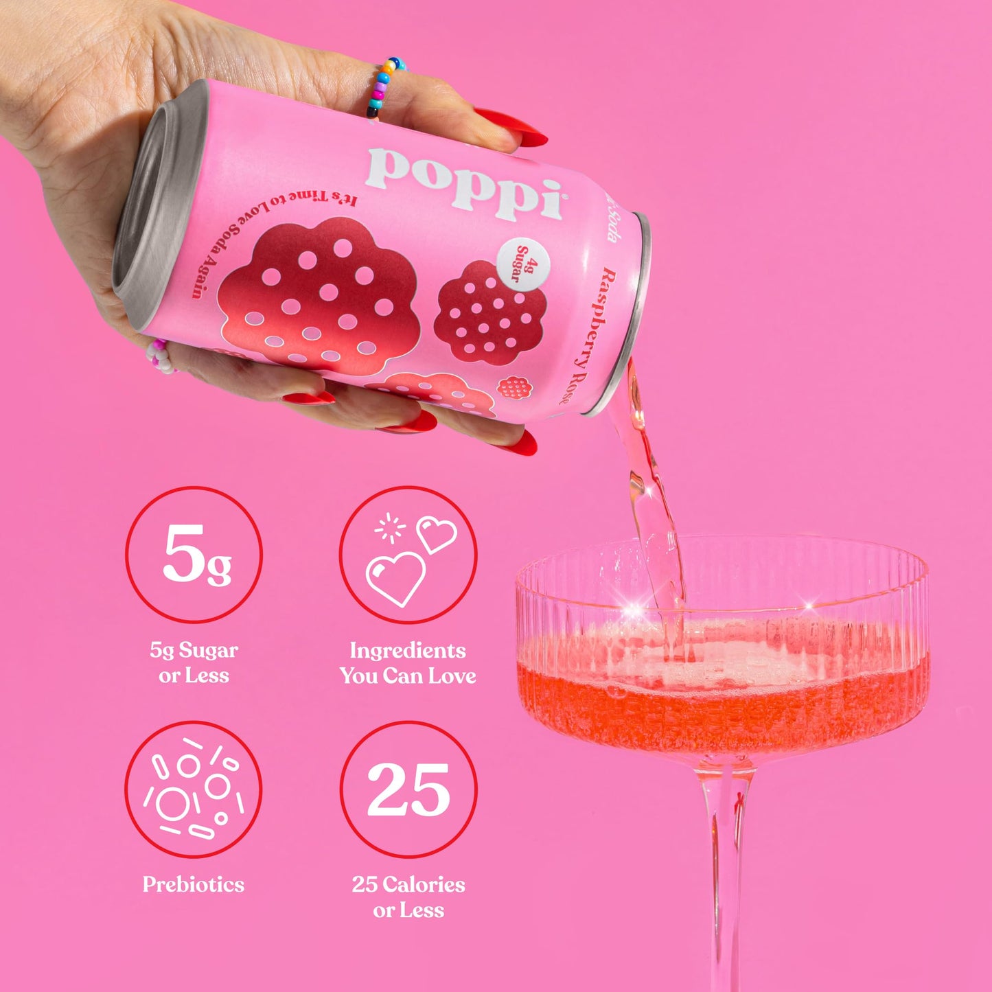 Poppi Sparkling Prebiotic Soda with Apple Cider Vinegar, Raspberry Rose Flavor, 12 Fl Oz, Pack of 12, Model 1-125