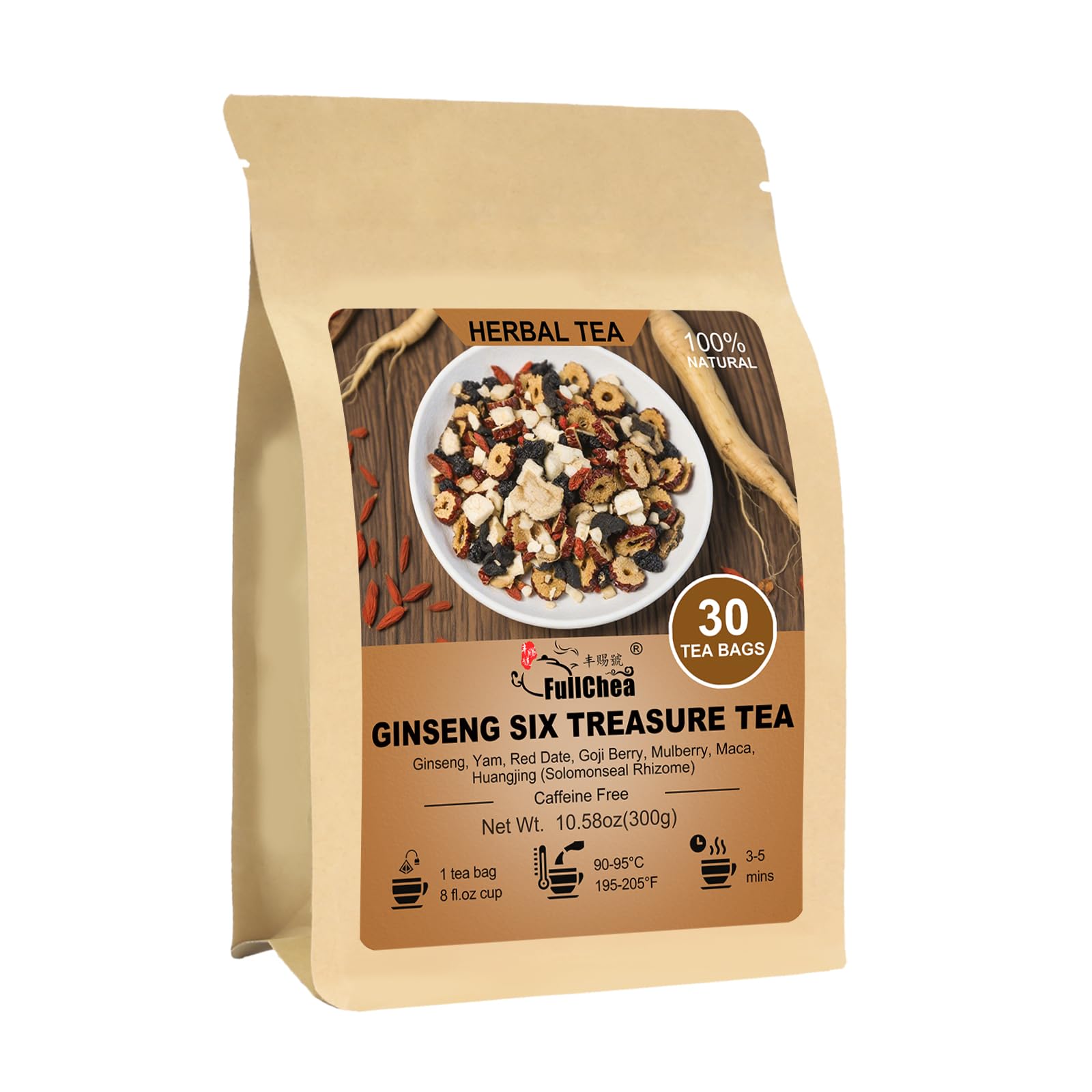 FullChea - Ginseng Six Treasure Tea  30 Teabags  Traditional Chinese Herbal Blend for Kidney Health  Detox Tea With Ginseng  Mulberry  Huangjing  Maca  Goji Berry  Red Dates  Yam - Support Wellness