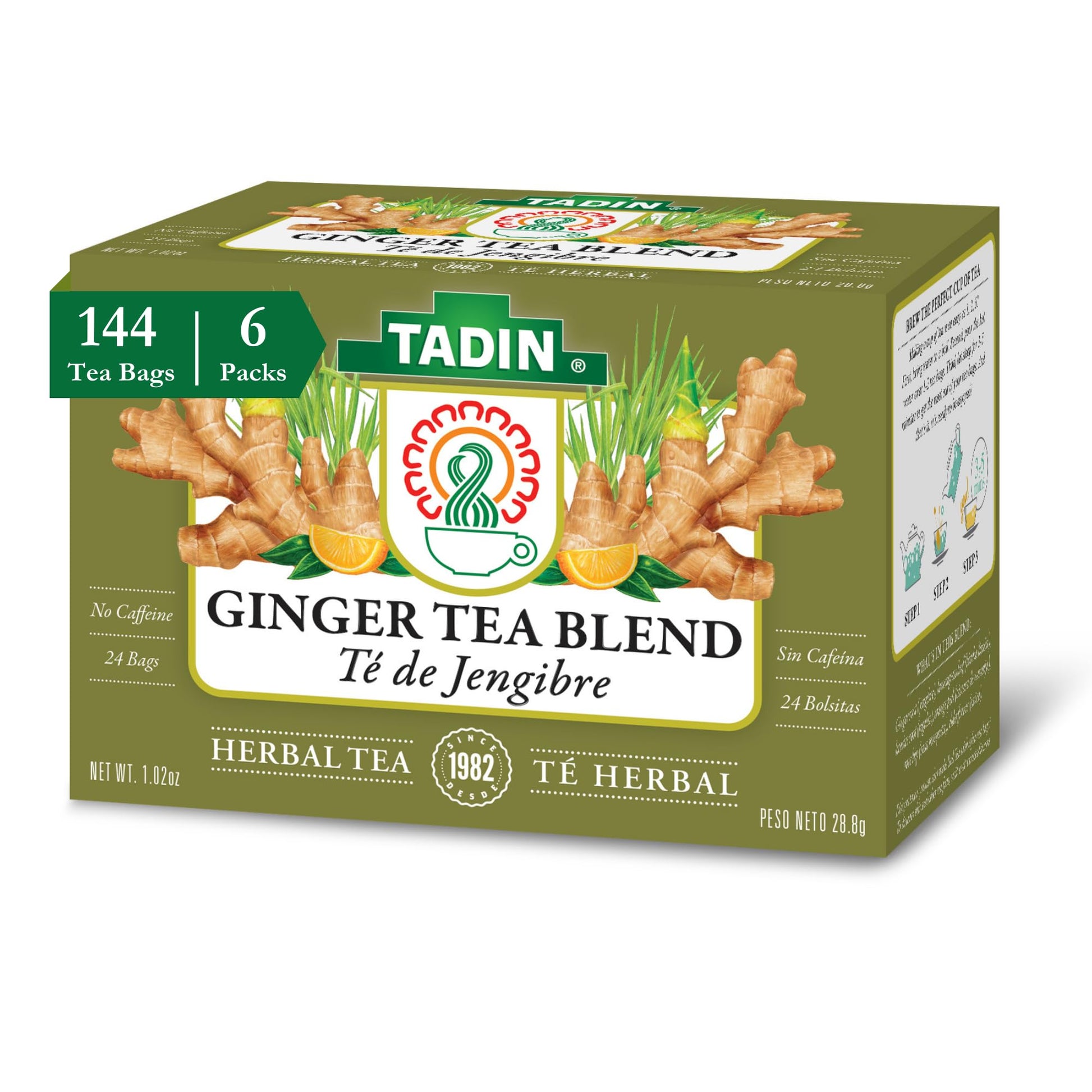Tadin Ginger Tea Blend, Herbal Tea, Caffeine Free, 24 Tea Bags, Pack of 6