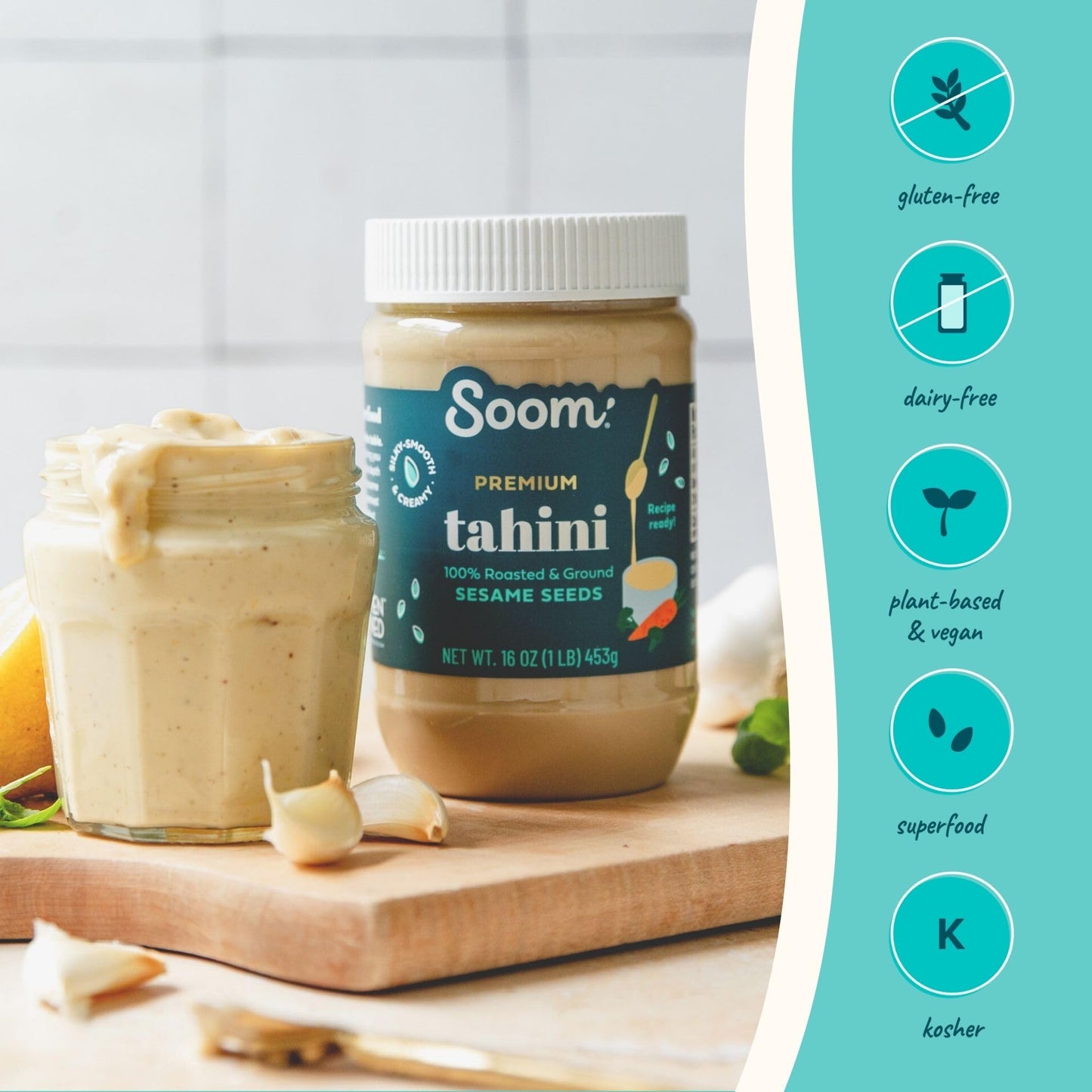 Soom Foods Ground enhanced Sesame Tahini Paste 16oz (2 Pack) | Silky Smooth Texture in Hummus  Dips  Dressings | Vegan  Nut-Free  Gluten-Free  Dairy-Free  Paleo  Keto