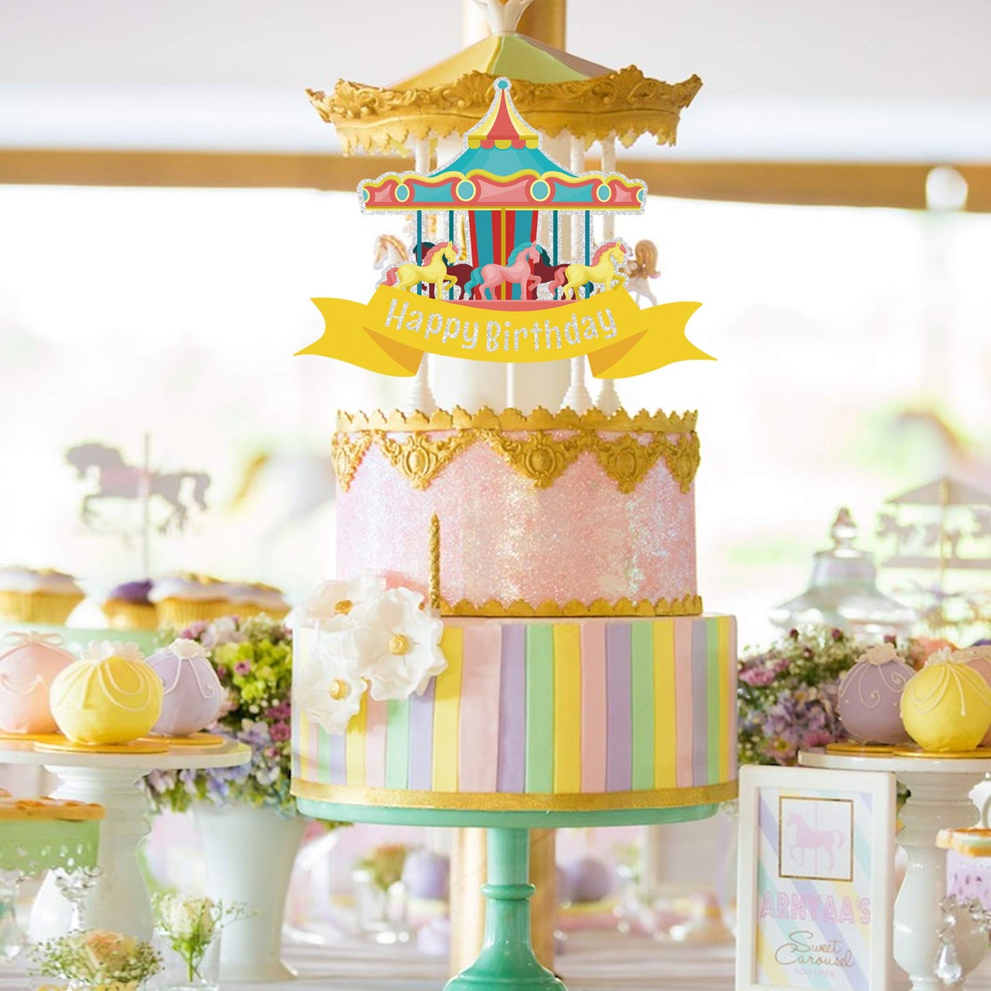 ChienMin Glitter Carousel Cake Topper for Birthday, Holographic Paper Decoration for Little Girl Fairy Tale Theme