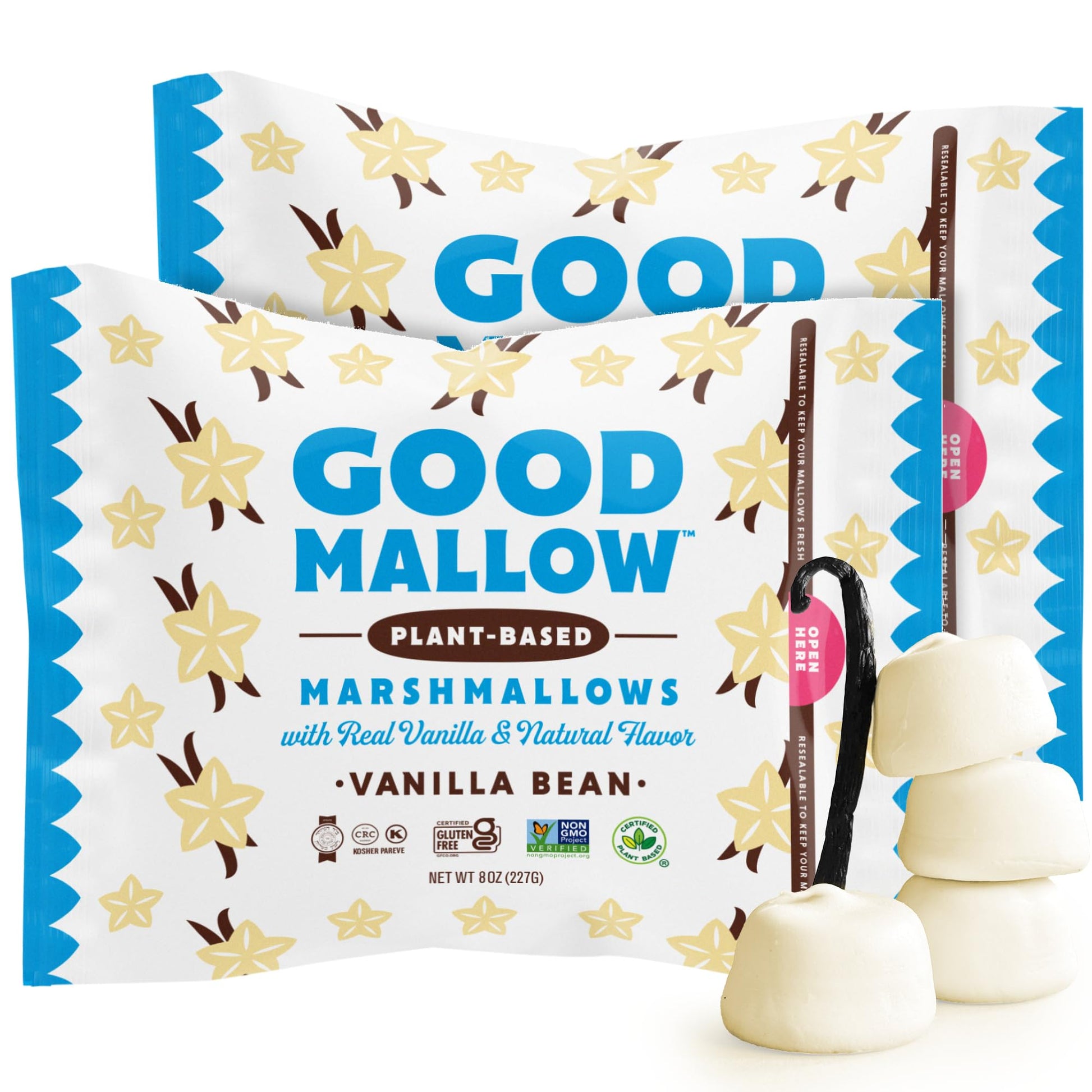 GoodMallow Vegan Marshmallows - Large Kosher Halal Gluten Free Dairy Free Healthy- Natural Gelatin Free Marshmallows for Hot Chocolate  Smores  Baking - Nothing Artificial  Made in USA (White Vanilla ) (Pack of 2)