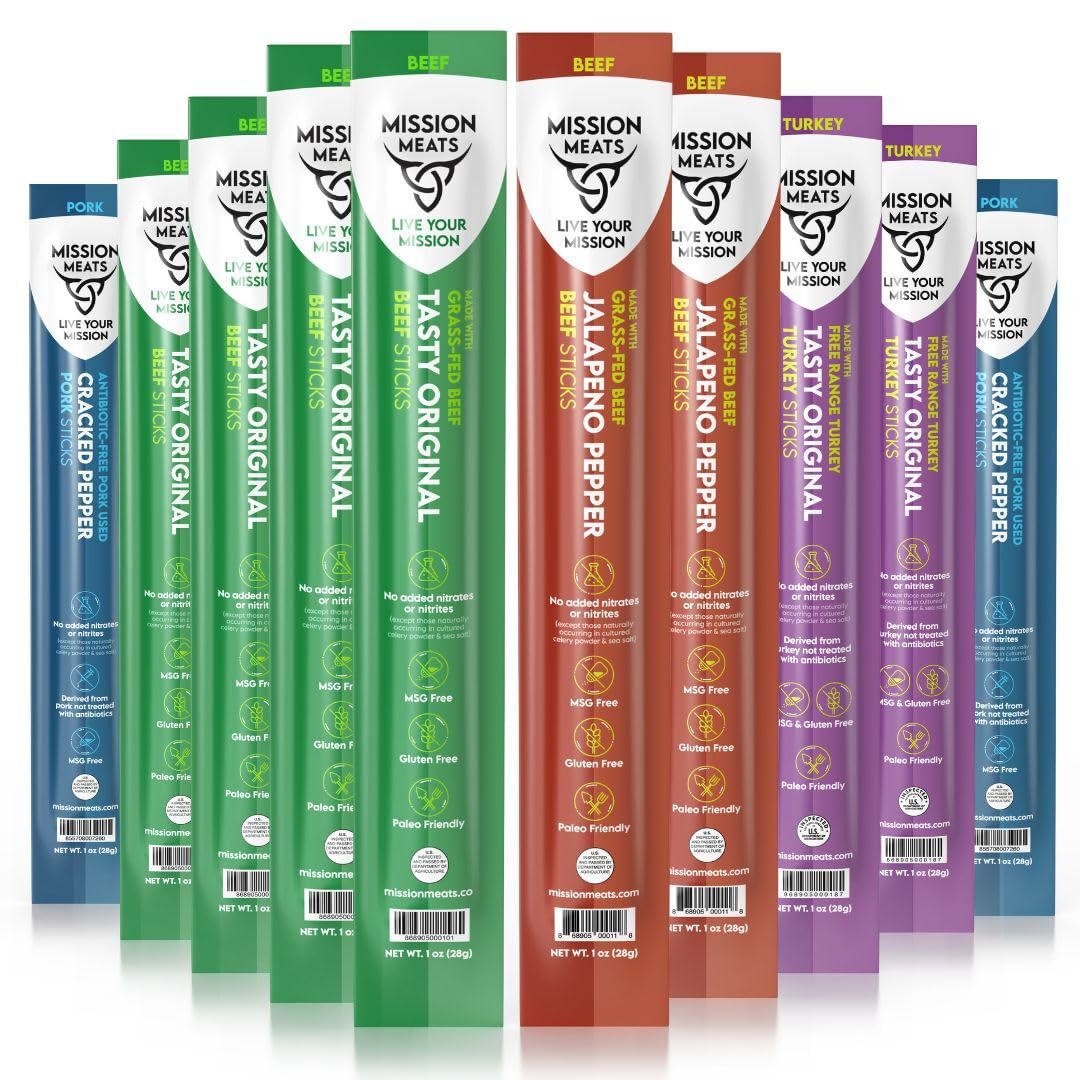 Mission Meats Meat Sticks Variety Pack - Beef, Pork, Turkey - Nitrate Free, Gluten Free, Paleo - 10 Count