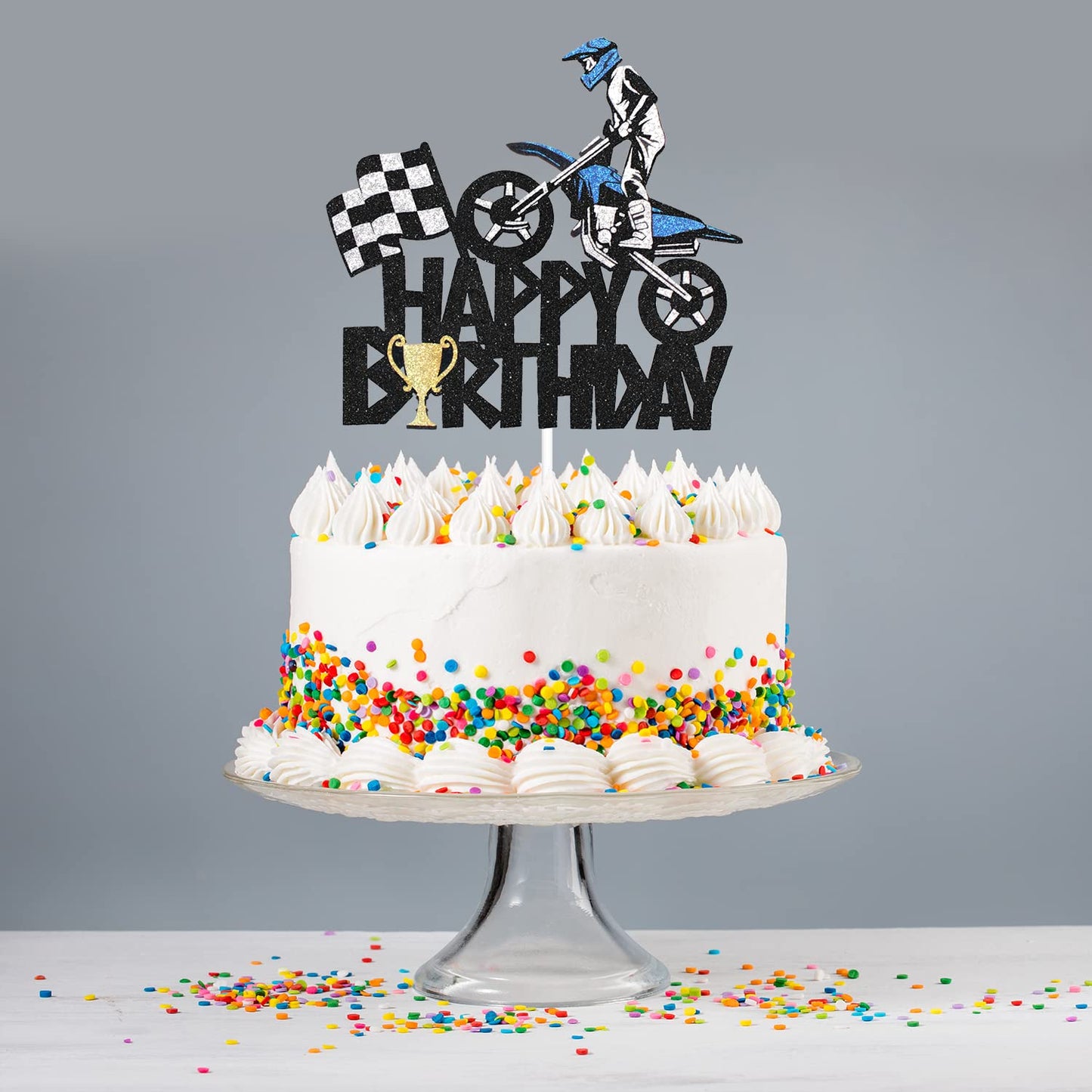Motorcycle Happy Birthday Cake Topper - Extreme Sports Racing Birthday Party Glitter Autocycle Player Cake Topper - Sport Man Bo