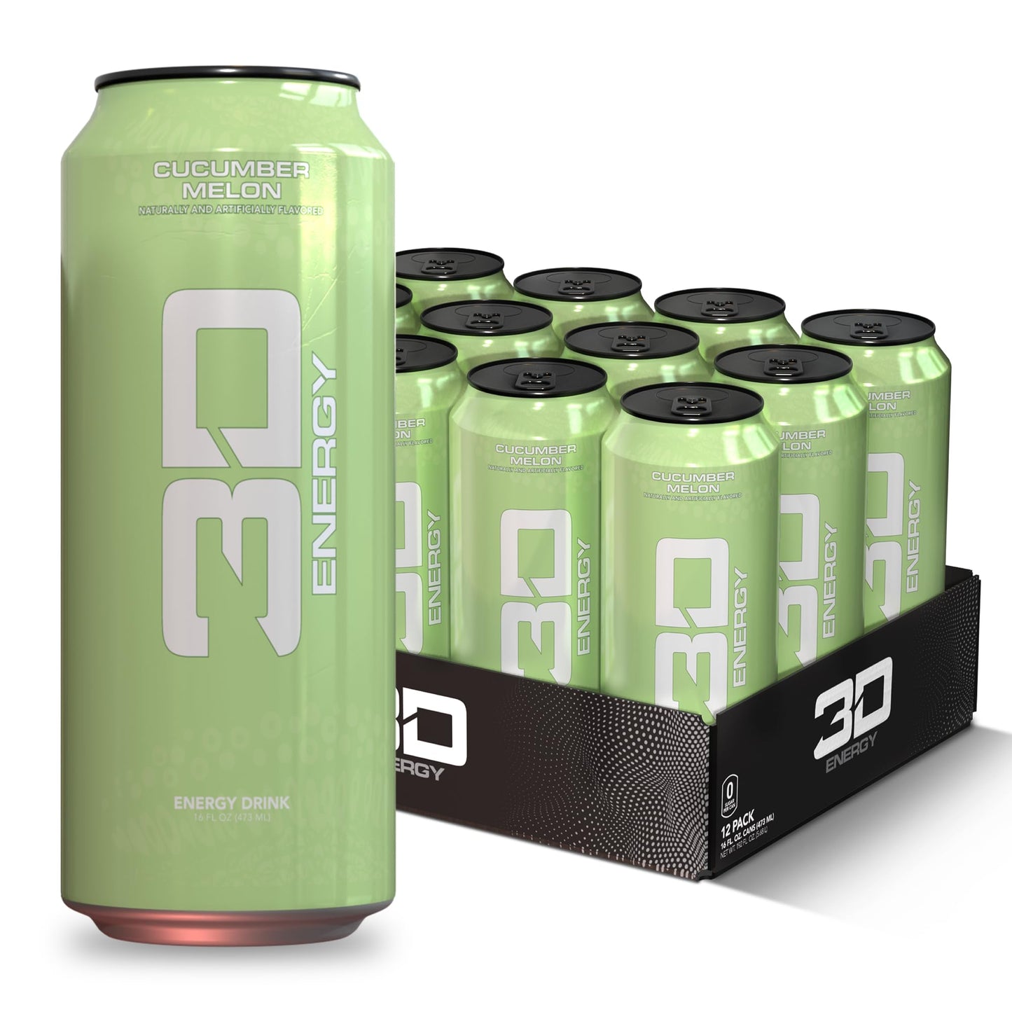 3D Energy Drink - Sugar Free  200mg Caffeine  Pre Workout  Taurine  L-Carnitine  Lightly Carbonated  16oz Cans  12 Pack - Cucumber Melon