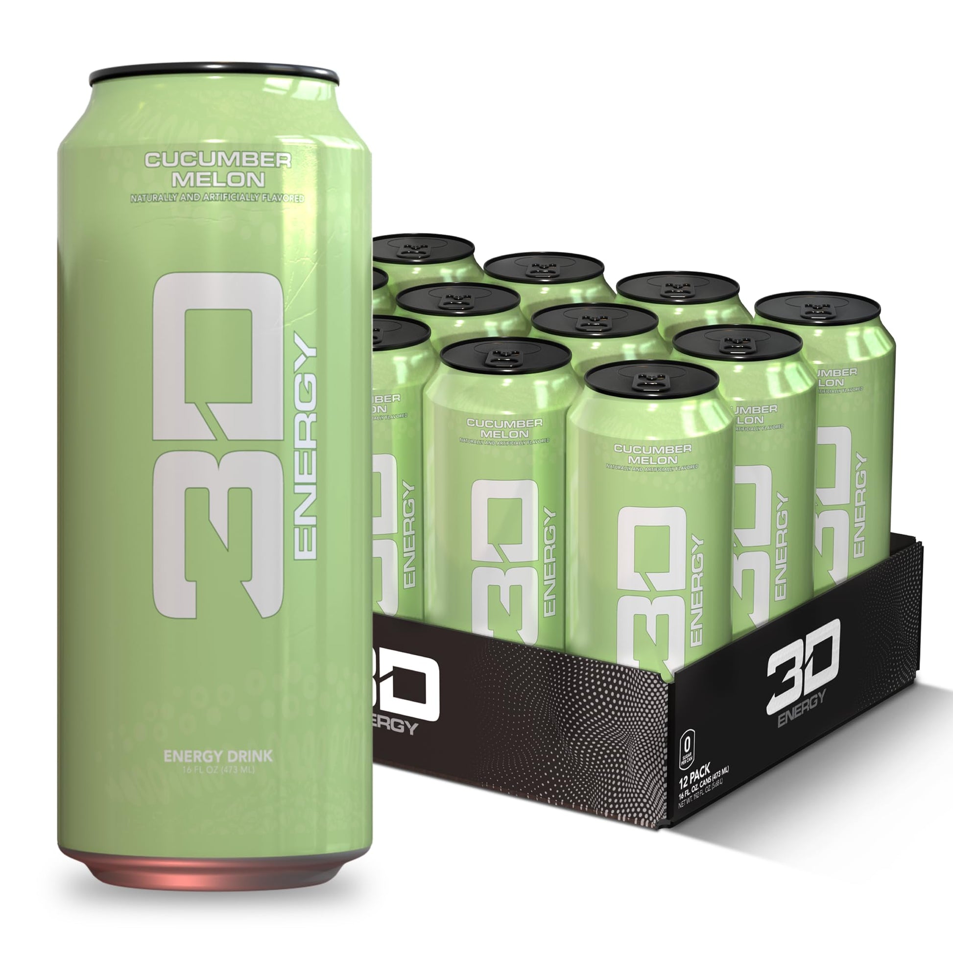 3D Energy Drink - Sugar Free  200mg Caffeine  Pre Workout  Taurine  L-Carnitine  Lightly Carbonated  16oz Cans  12 Pack - Cucumber Melon
