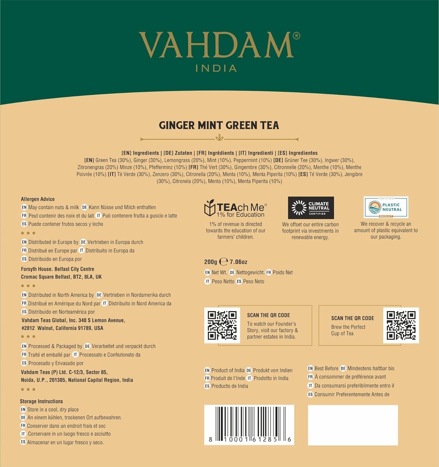 Vahdam, Ginger Mint Green Tea Bags (100 Count) High Grown Green Tea With Raw Ginger | Medium Caffeine | Non Gmo, Gluten Free | Mint Tea Bags | Resealable Ziplock Pouch