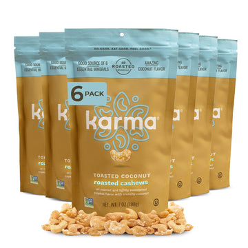 Toasted Coconut Air Roasted Whole Cashews By Karma Nuts, Lightly Sweetened, Peanut-Free Facility, Kosher, Everyday Nut Snack, 7Oz Resealable Bag - 6 Pack