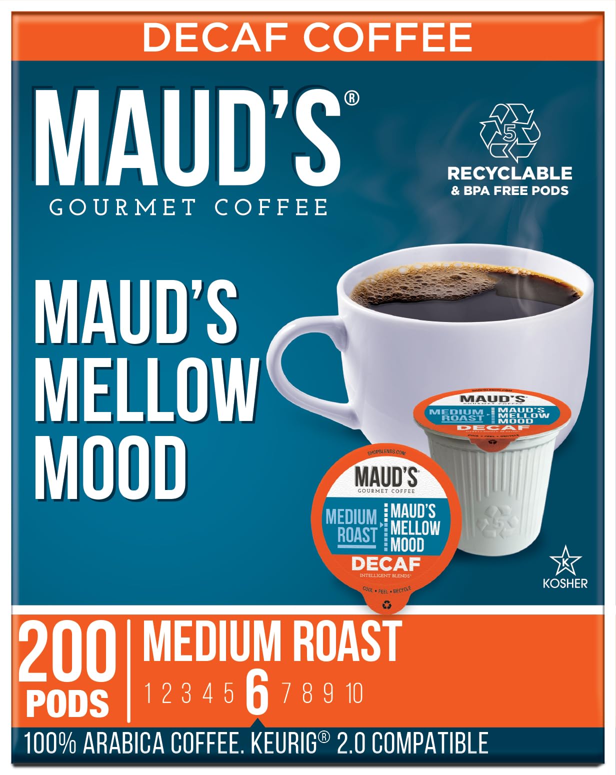 Maud's Decaf Medium Roast Coffee Pods, 200 ct, Decaffeinated Recyclable Single Serve Pods - 100% Arabica Coffee, Compatible with