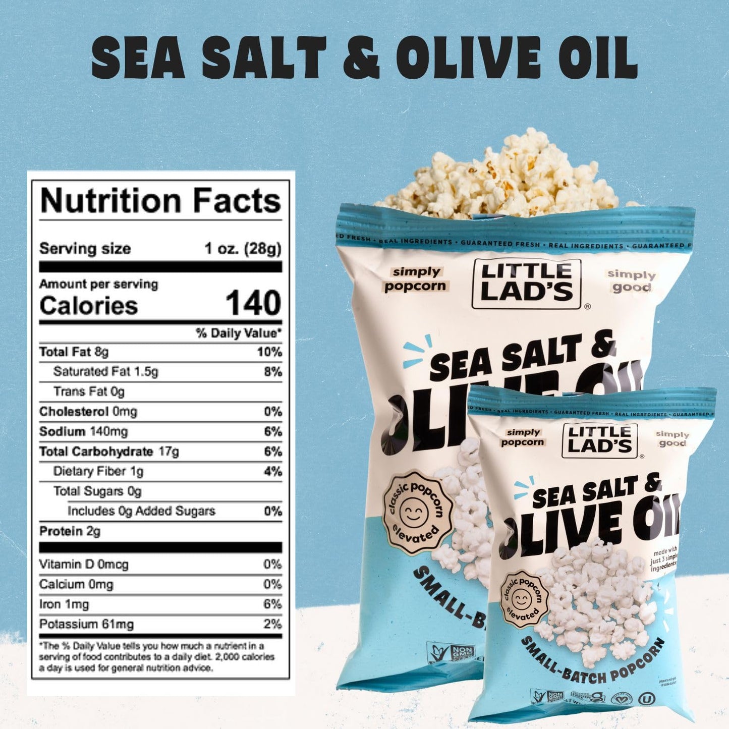 LITTLE LADS Healthy Popcorn - Vegan, Gluten-Free, Sea Salt & Olive Oil Flavor, 1.3 Oz (Pack of 6)