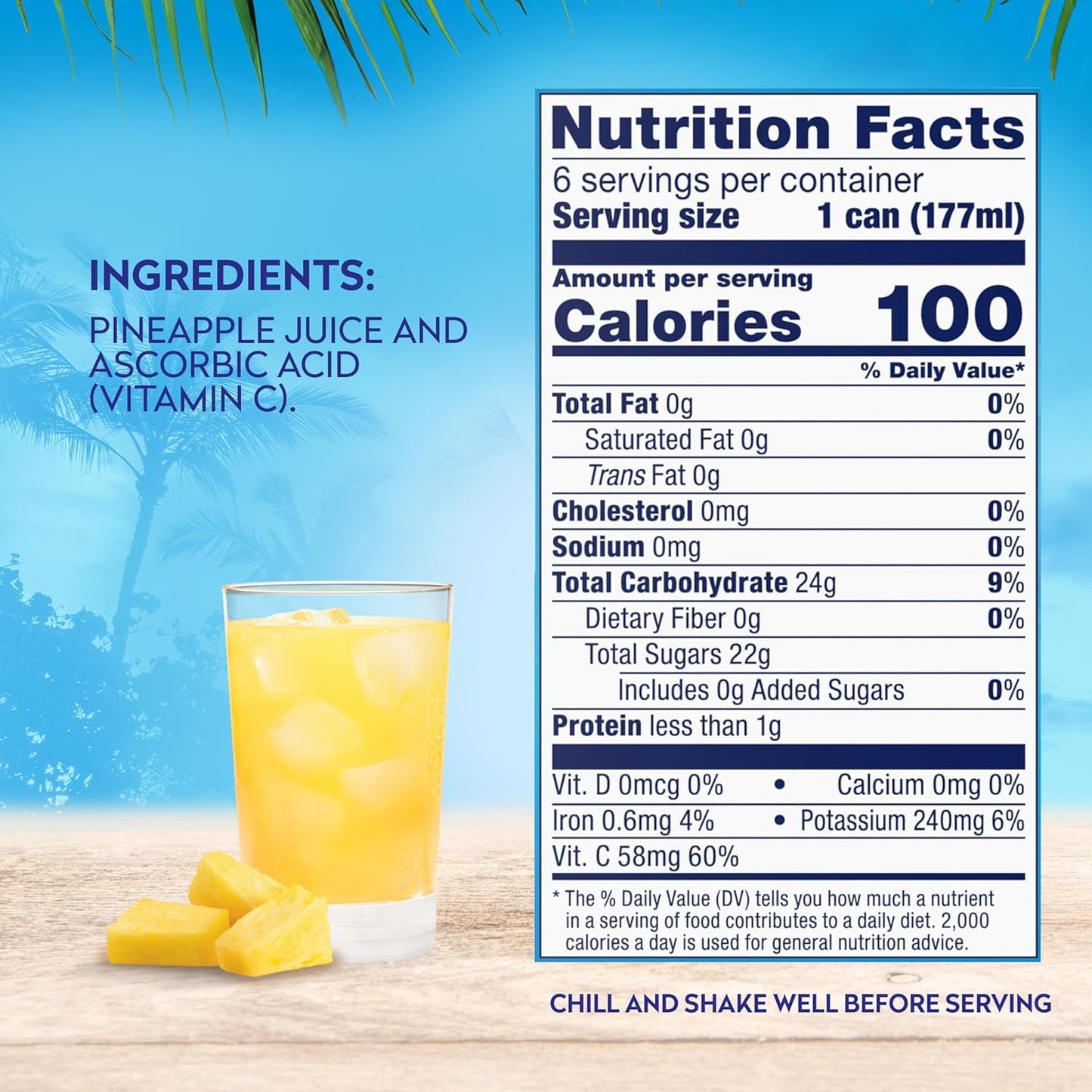 Dole 100% Pineapple Juice  No Added Sugar  Excellent Source of Vitamin C  100% Fruit Juice  6 Fl Oz (Pack of 6)  Packaging May Vary