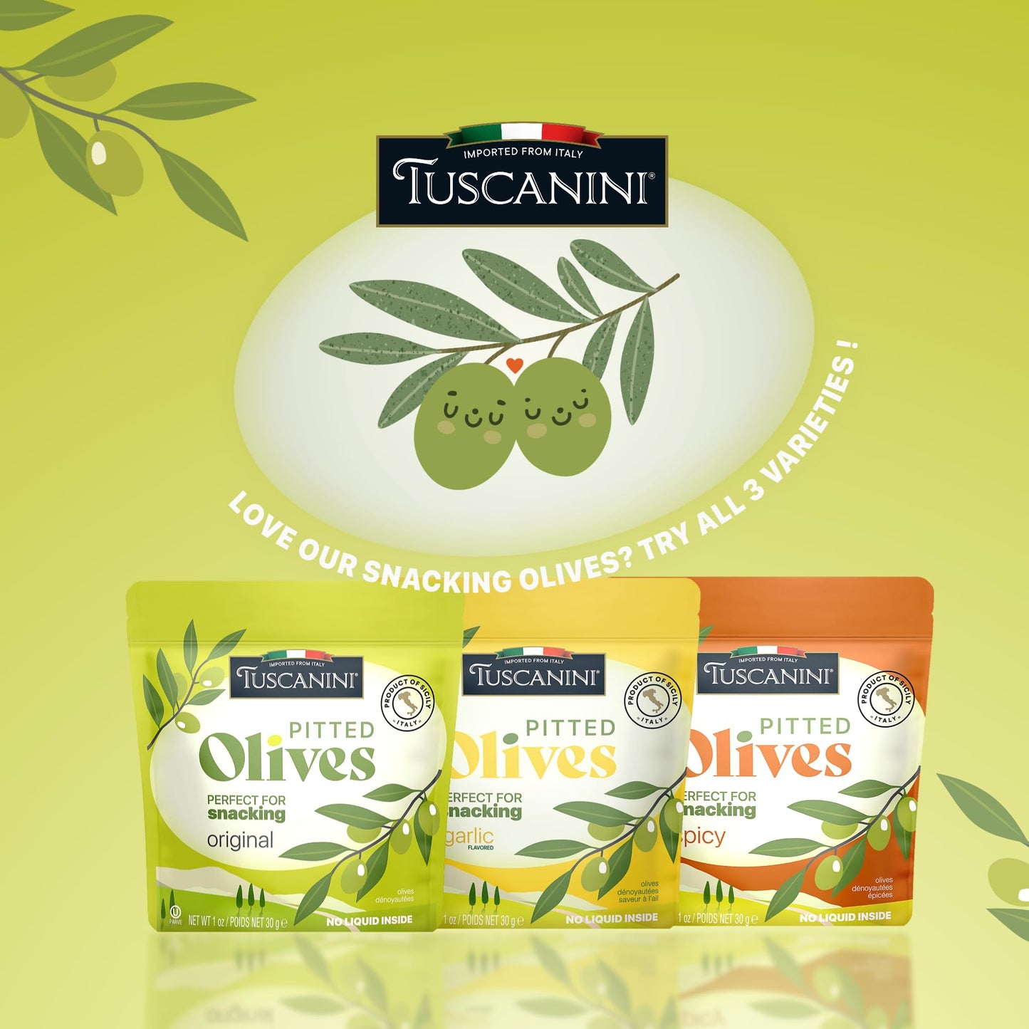 Tuscanini Italian Garlic Flavor Snack Olives, 1 Oz (10 Pack) Convenient Pitted Olive Pouches For Snacking | No Oil | Gluten Free