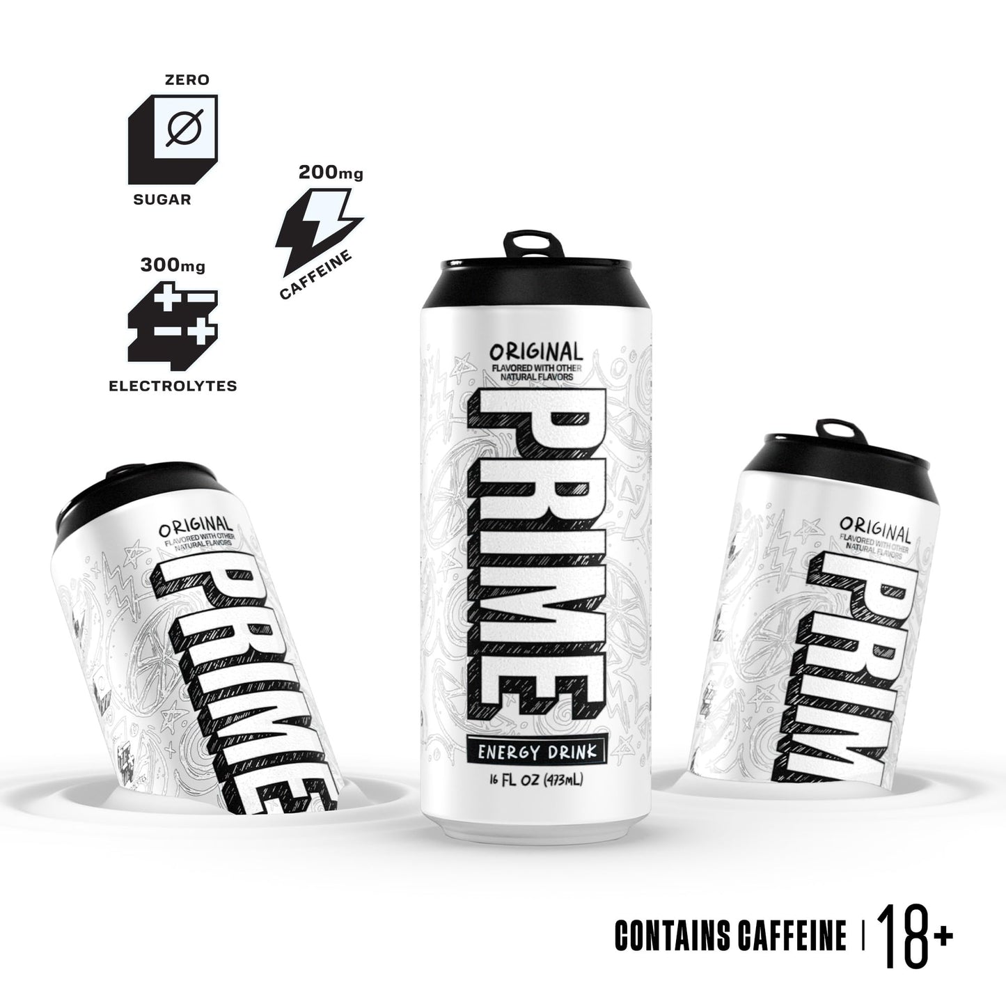 PRIME Energy Drink, Zero Sugar, 200mg Caffeine, 355mg Electrolytes, Vegan, Gluten Free, 16 Oz, Pack of 12
