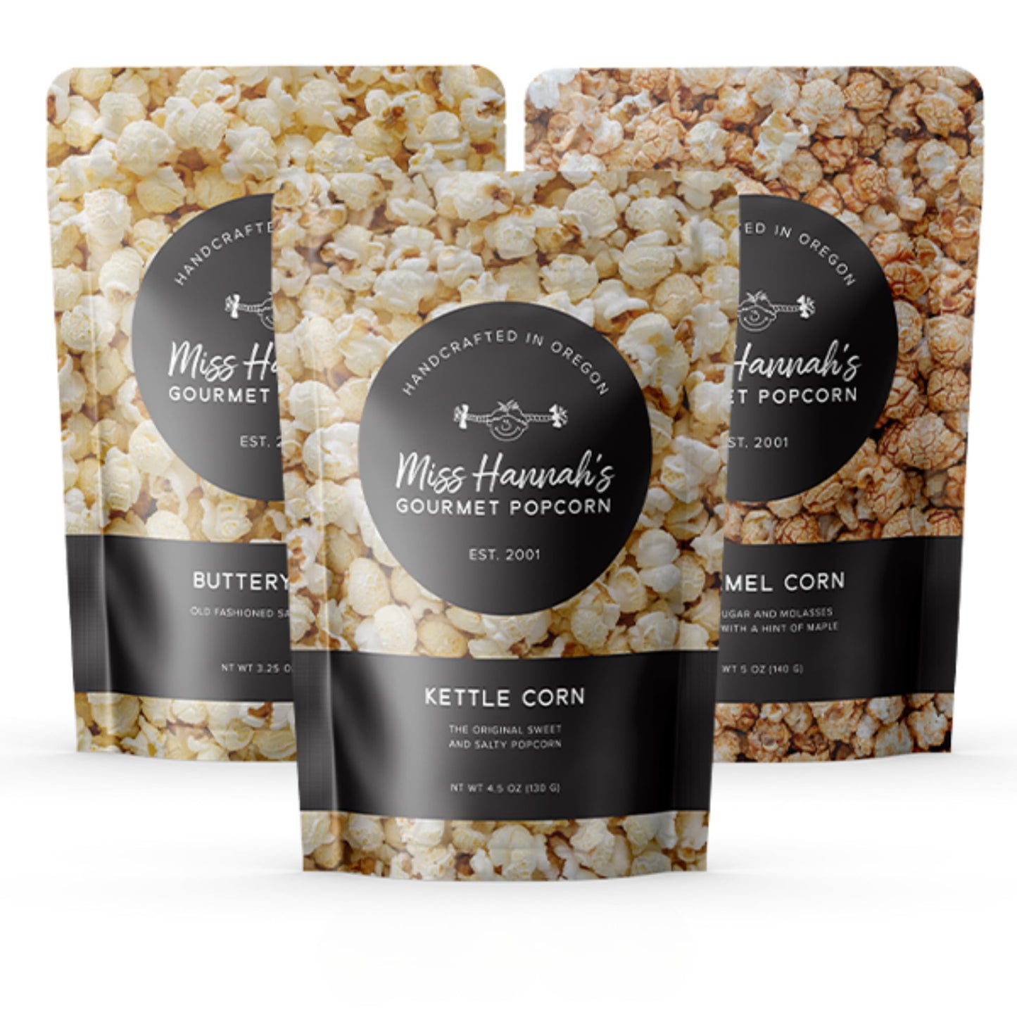 Miss Hannahs Gourmet Popcorn Classic Bundle - Kettle Corn, Caramel Corn, & Buttery Salt - Non-GMO, Sweet & Savory Snack Box for
