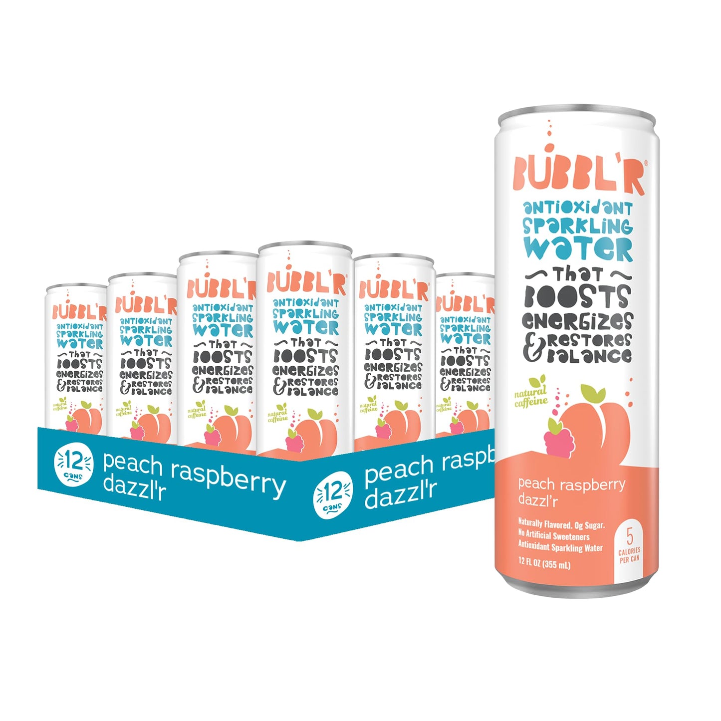 Bubblr Antioxidant Sparkling Water, Peach Raspberry, 12 Fl Oz, 12 Count, 0g Sugar, Gluten Free, All Natural Flavors