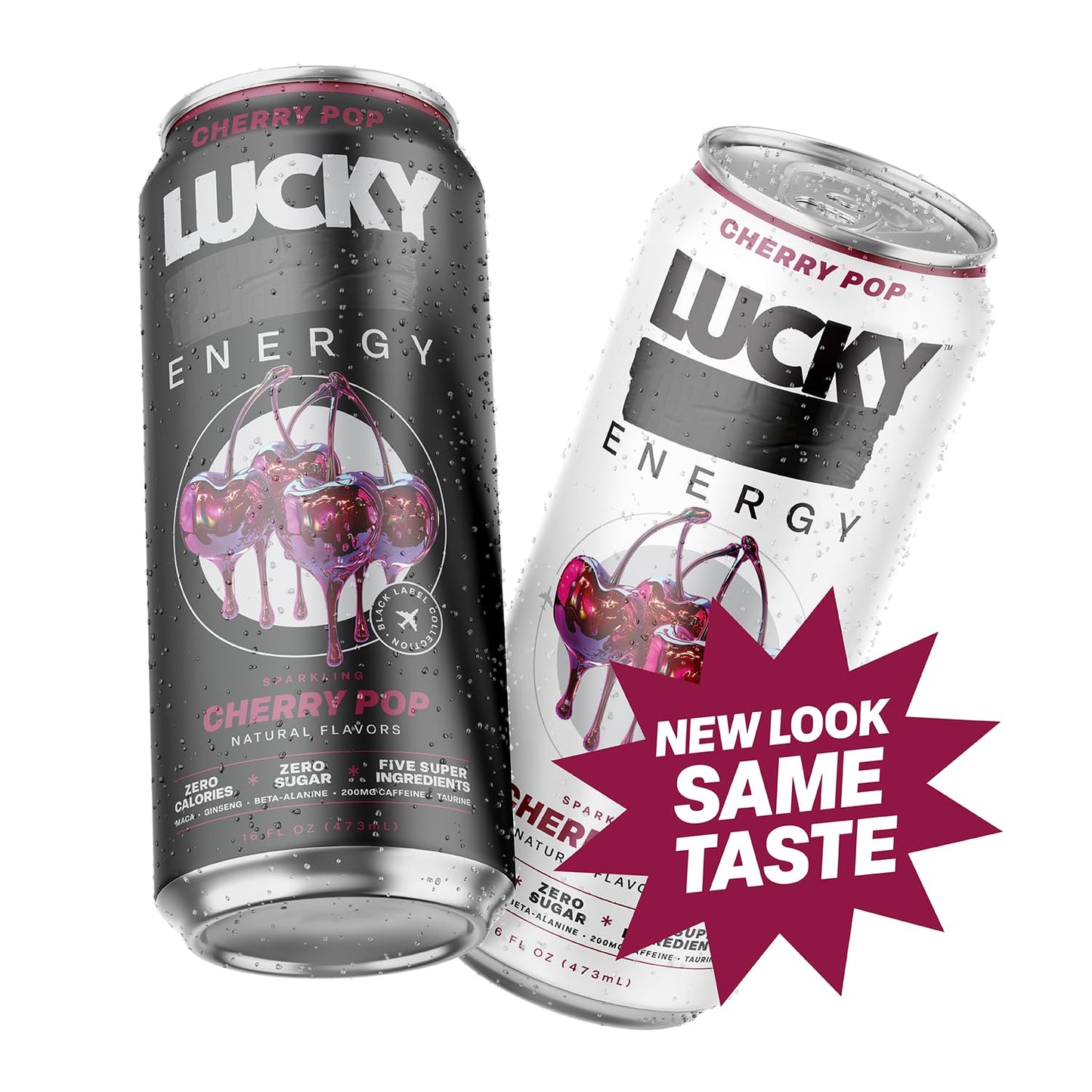 Lucky Energy Sugar Free Energy Drinks  Cherry Pop  16oz Cans (12-Pack) Healthy  Zero Sugar Energy Drink with Maca  Ginseng  Beta-Alanine  Taurine & 200mg Caffeine