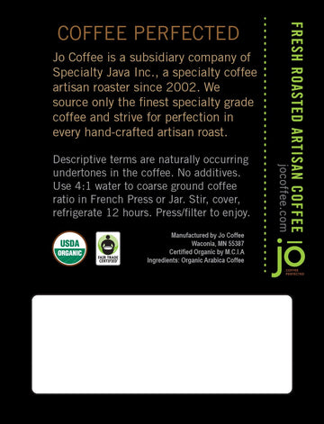 Stone Cold Jo: 12 Oz, Cold Brew Coffee Blend, Dark Roast, Whole Bean Organic Coffee, Low Acidity, Great Brewed Hot Too, Usda Cer