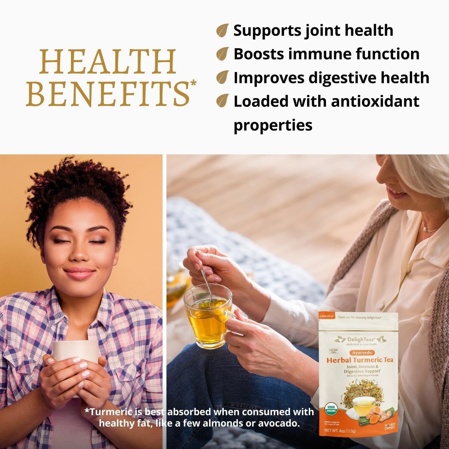 DelighTeas Organic Turmeric Ginger Tea, Loose Leaf Herbal, 4oz, Non-GMO, Caffeine Free, 50 Servings