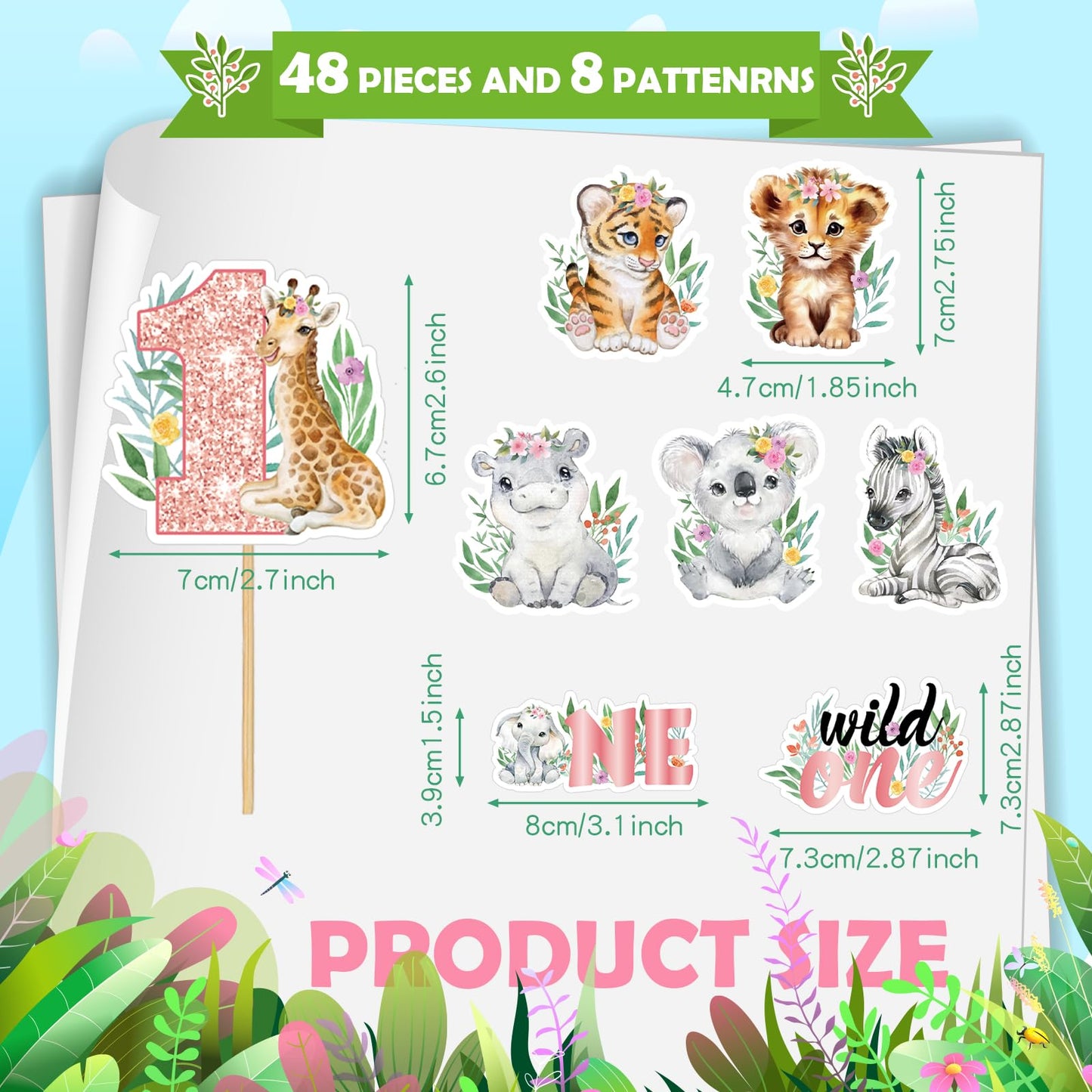Weecent 48 Pcs Wild One Cupcake Toppers One Cake Topper 1St Birthday Girl Wild One Birthday Decorations Girl Jungle Safari Theme