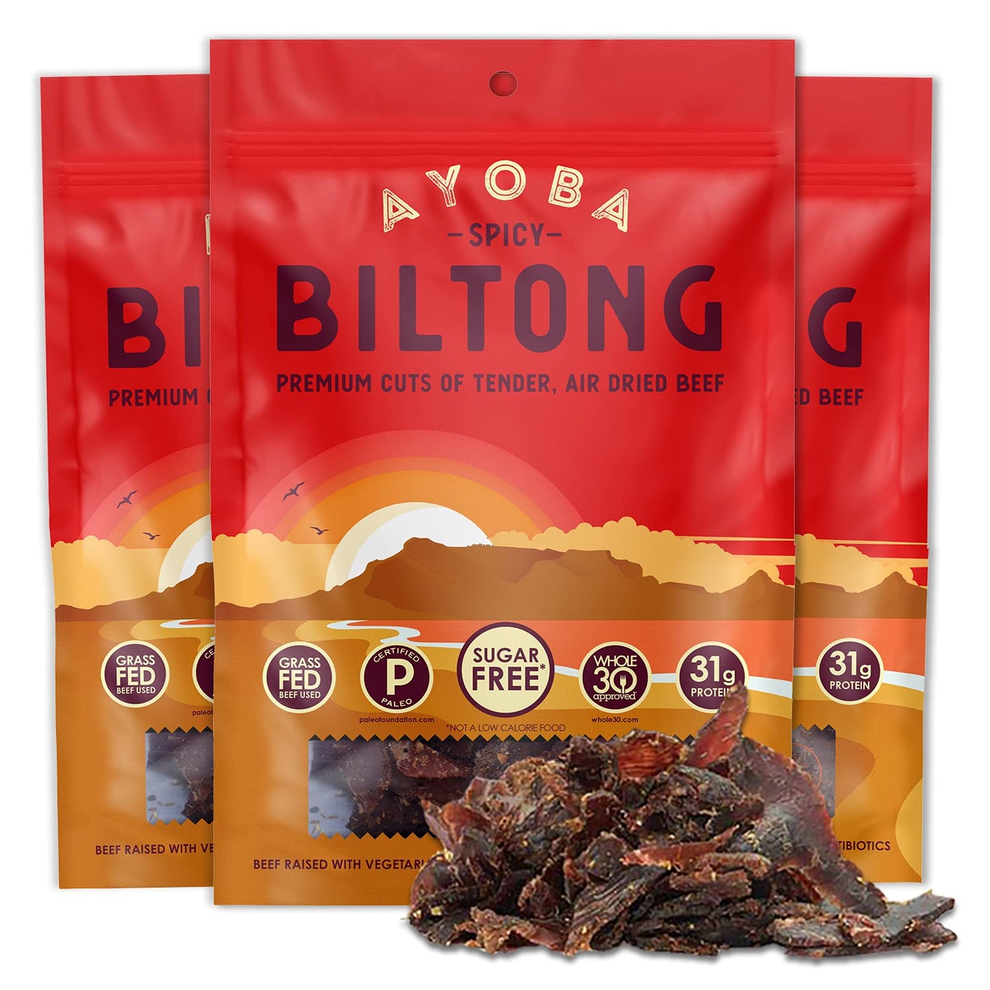 Ayoba Spicy Grass Fed Beef Biltong Slices (2 Ounce, Pack of 3) - Keto Friendly Air-Dried Grass Fed Beef Paleo Snacks - Gluten Fr