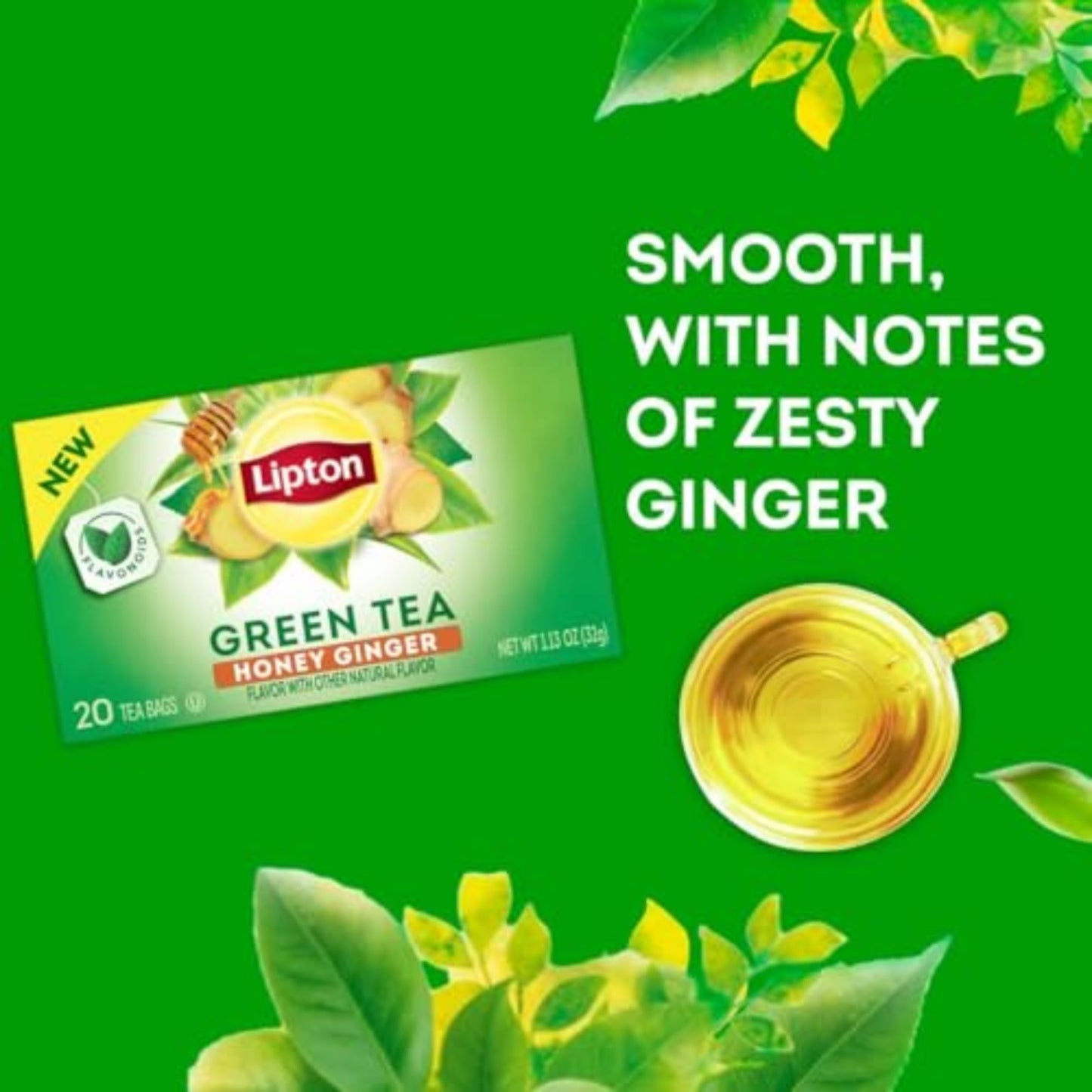 Lipton Honey Ginger Green Tea Bags, Unsweetened, Caffeinated, 20 Bags, Single Pack