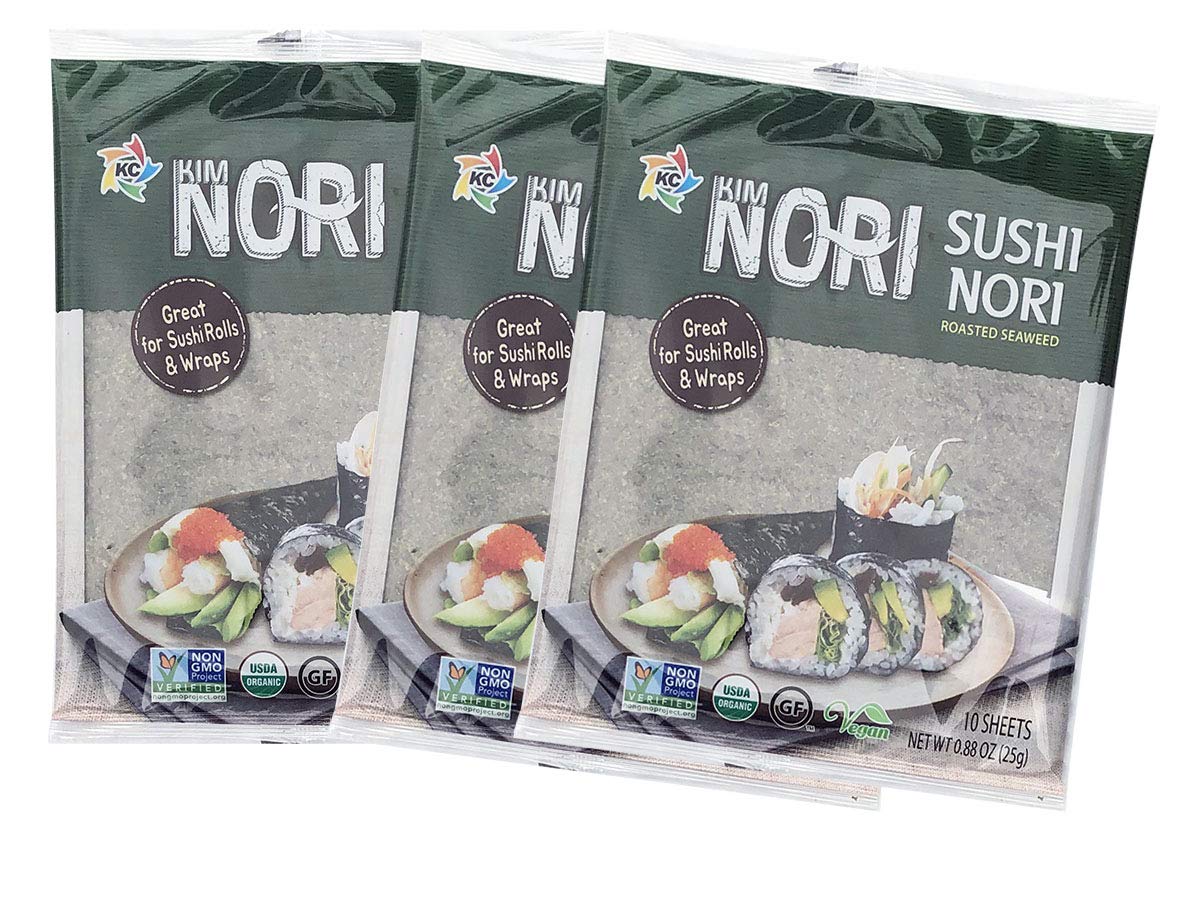 KIMNORI Sushi Nori Seaweed Sheets, Organic, Gluten Free, 30 Full Size Sheets, 10 Count (Pack of 3), 25 Gram