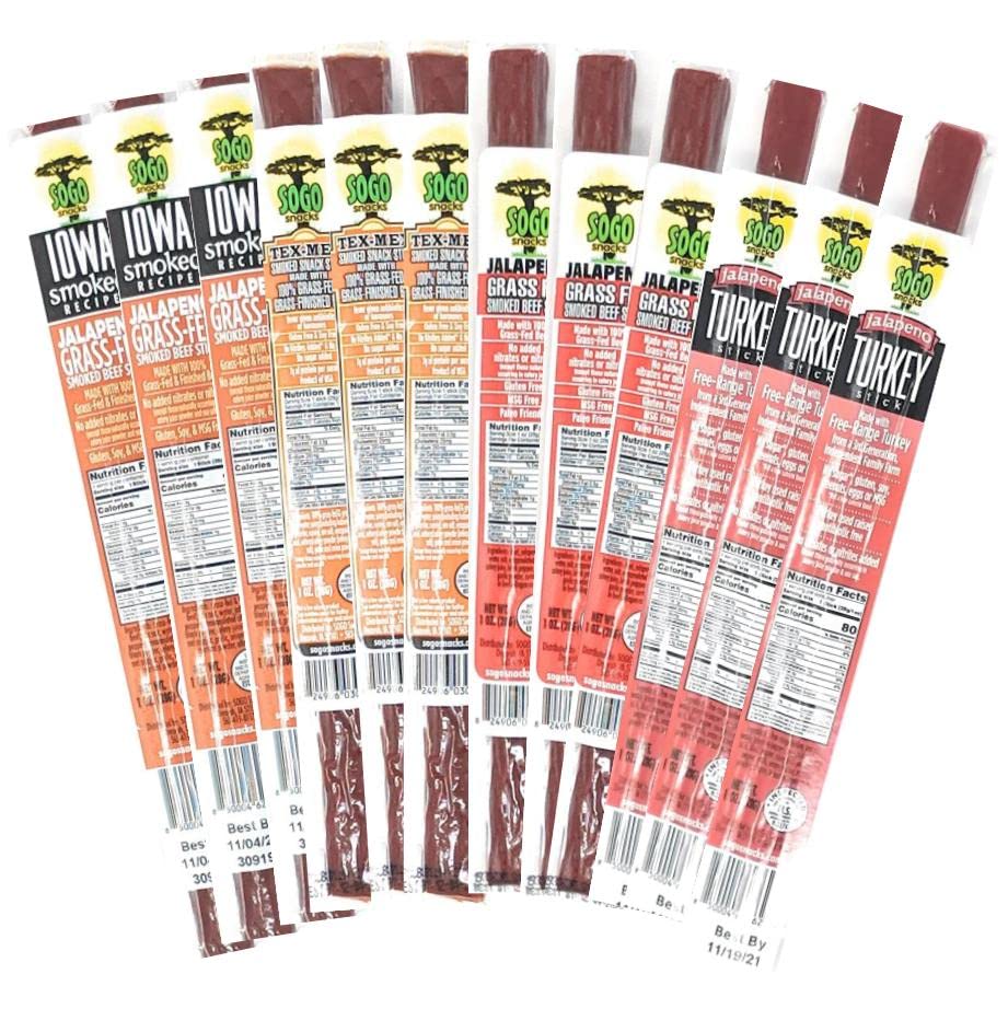 Sogo Snacks Spicy Variety Meat Sticks, No Sugar, Gluten-Free, 72-pack, 1 oz each, Beef & Turkey Flavors