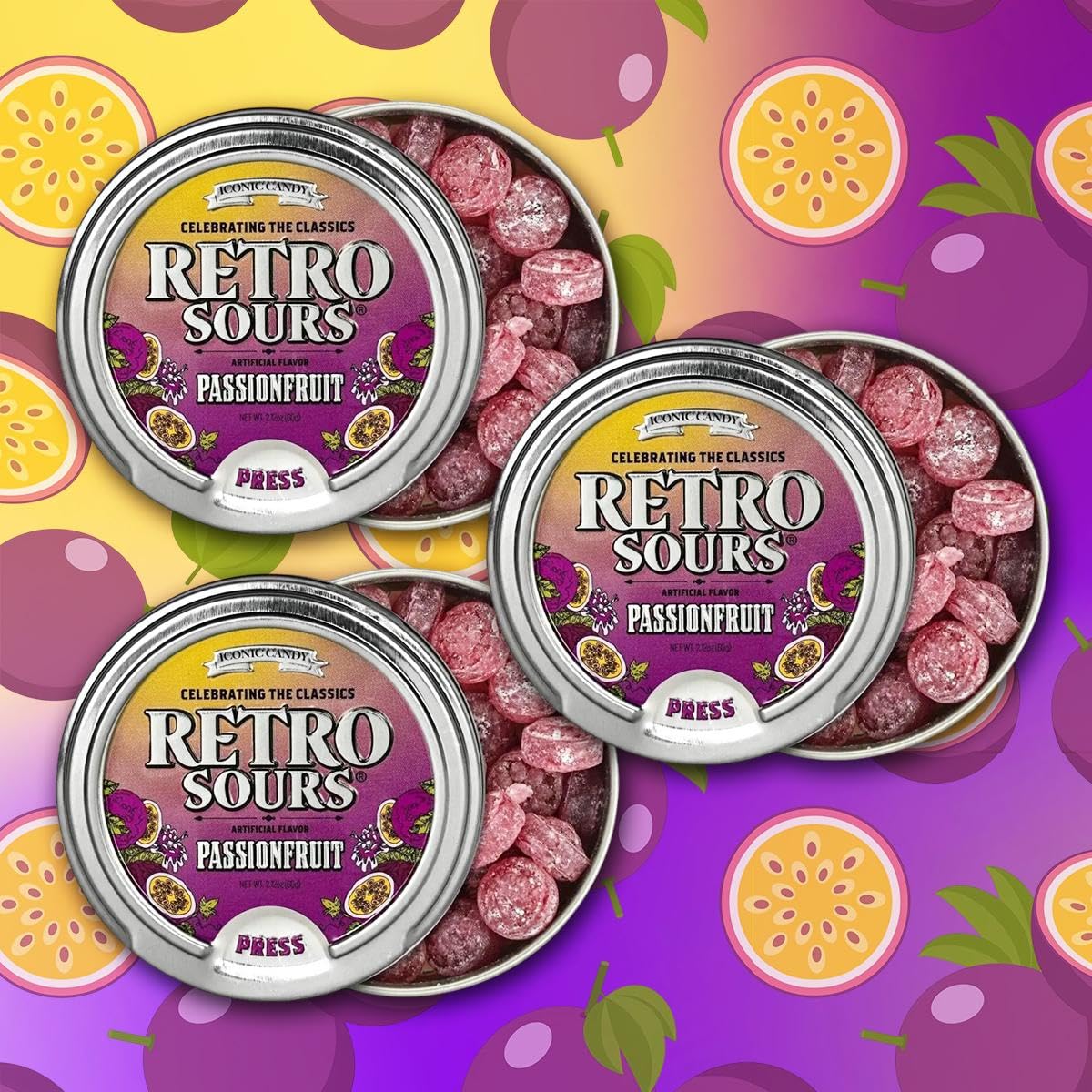 Retro Sours Hard Candy - Tangy Fruity Vintage Candy - Classic Sour Candy Gift Set Of Retro Sourtins - 3-Tin Pack 60G Each (Passionfruit)