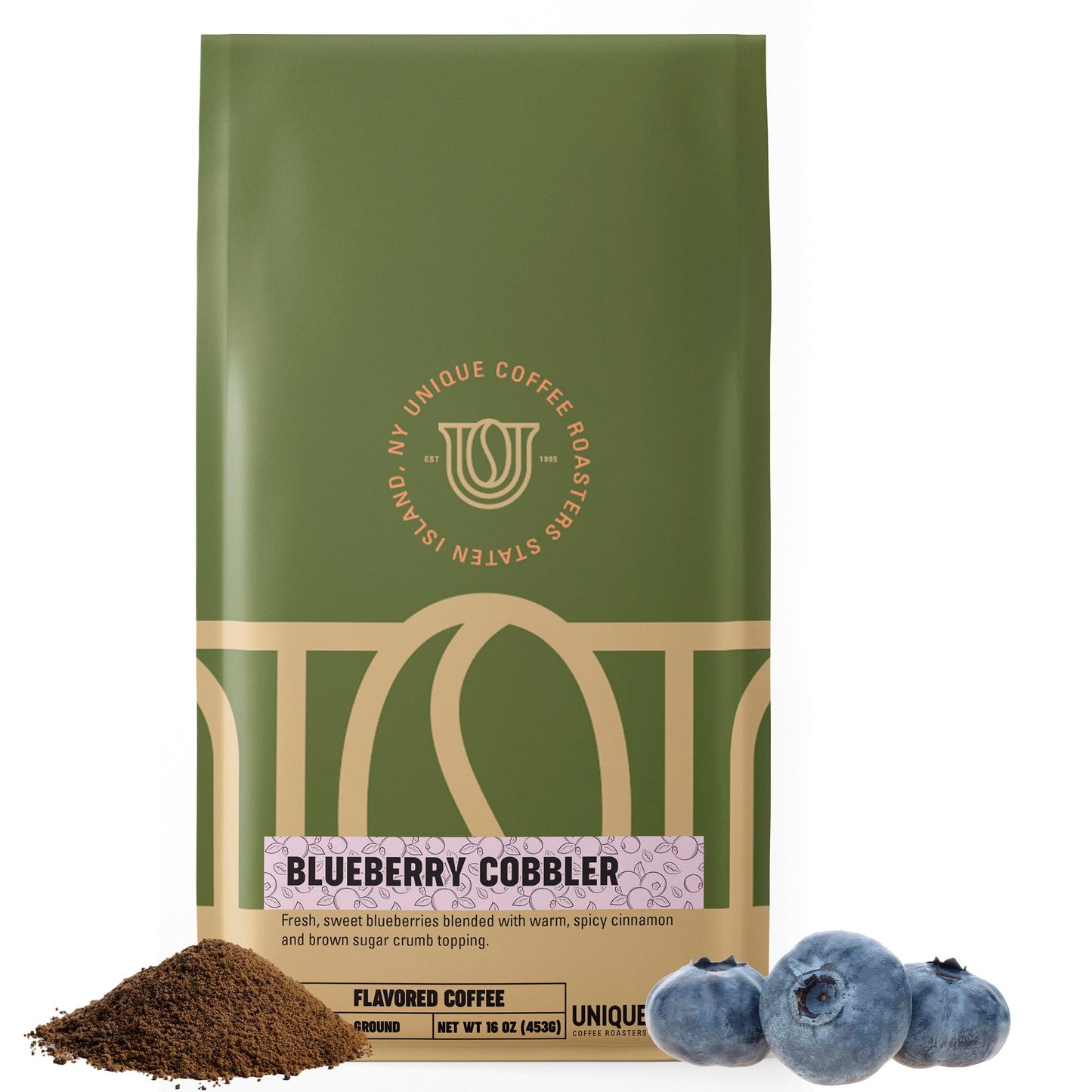 Blueberry Cobbler Flavored Ground Coffee, 1 LB (16 oz) bag, Medium Roast, 100% Arabica enhanced Quality Flavor