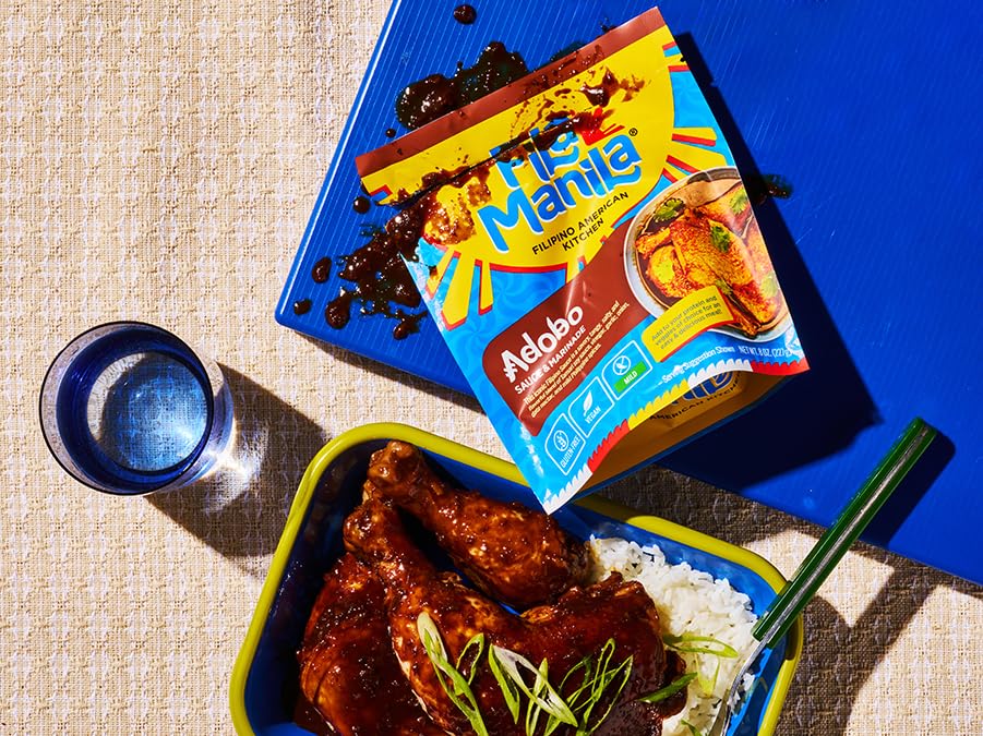 Fila Manila Filipino Adobo - Award Winning Sauce & Marinade - Wheat-Free Tamari Soy Sauce, Garlic, & Onion, 8 Oz Pouch, Mild, Ve