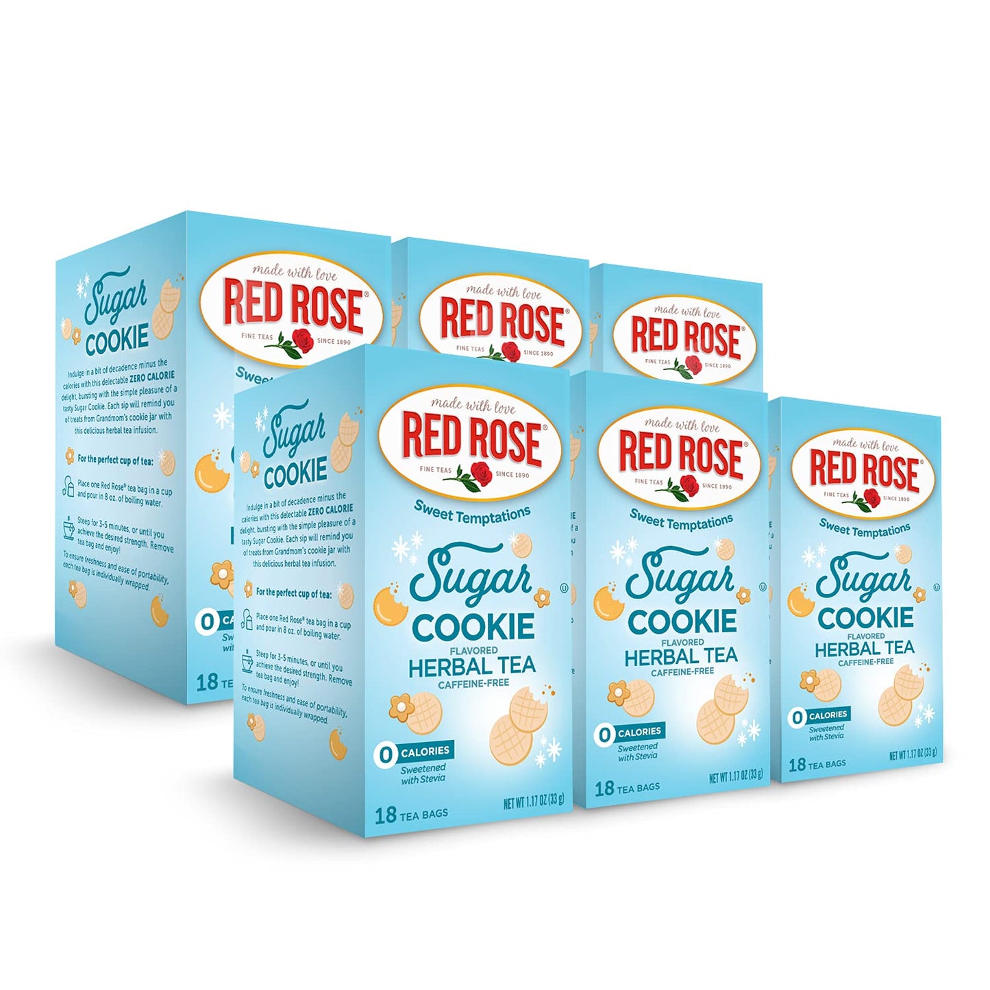 Red Rose Dessert Tea, Sugar Cookie Flavor, Caffeine-Free Herbal Beverage, 18 Count Pack of 6