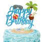 Summer Beach Coconut Happy Birthday Cake Topper Blue Glitter Summer Pool Swimming Surfing Party Decoration Summer Holiday Birthd
