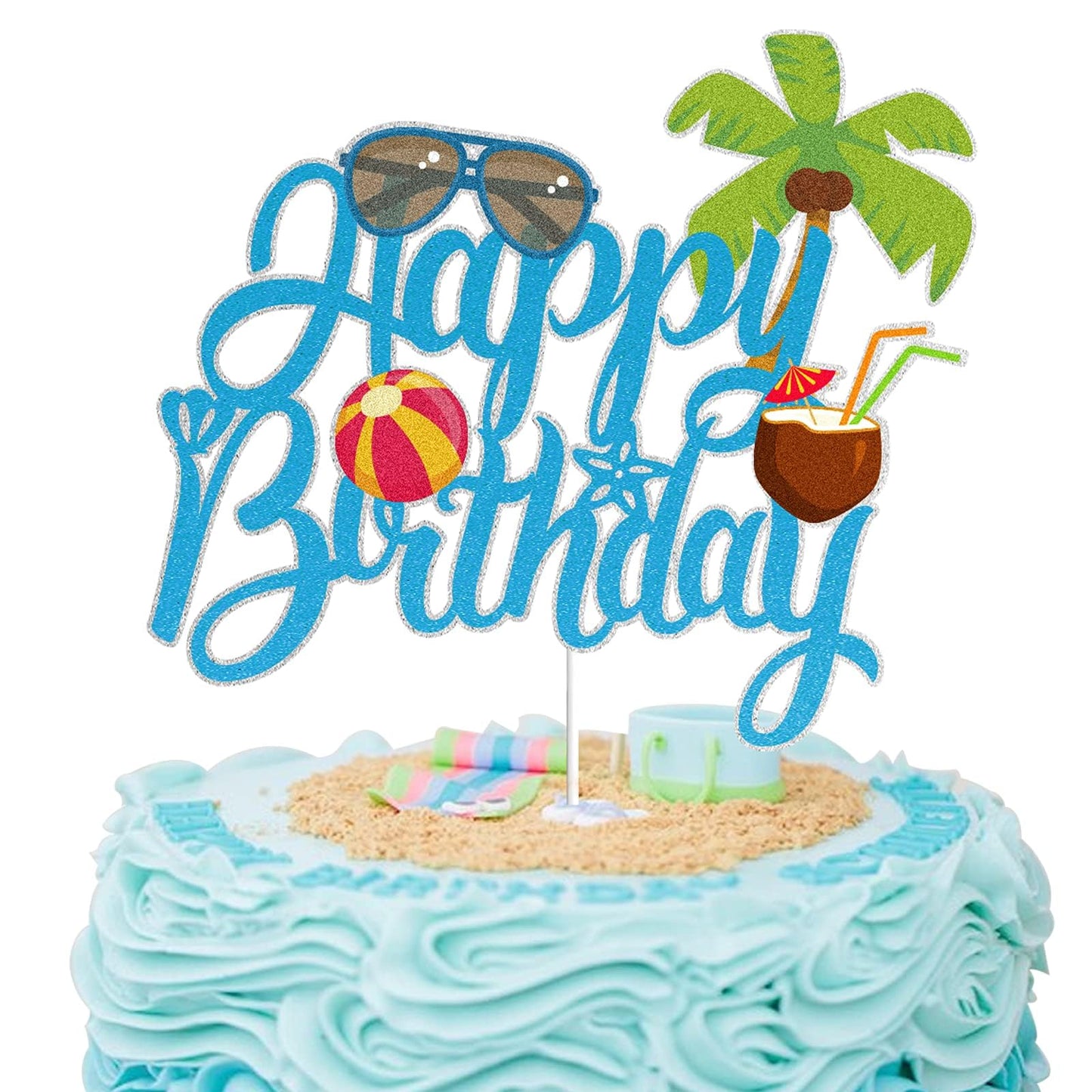 Summer Beach Coconut Happy Birthday Cake Topper Blue Glitter Summer Pool Swimming Surfing Party Decoration Summer Holiday Birthd