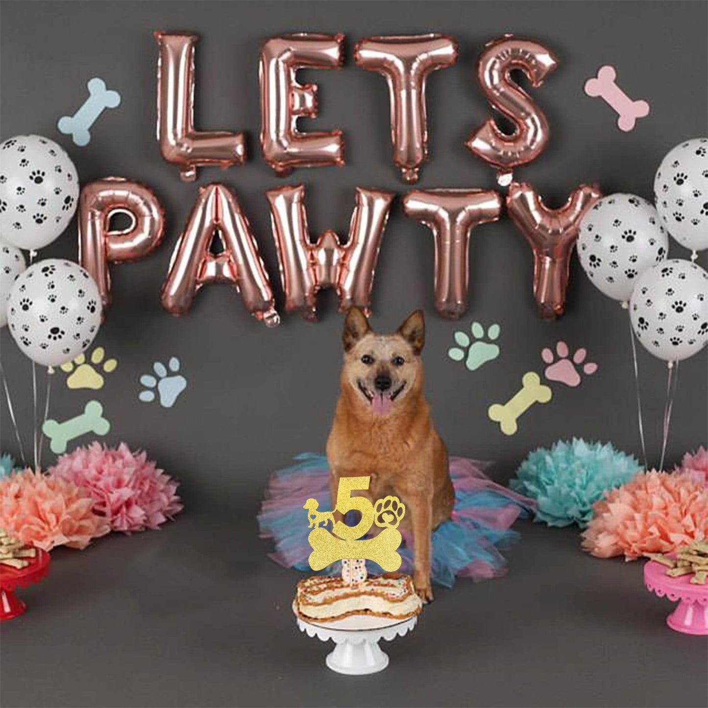 1 Pcs 5Th Birthday Cake Topper With Gold Glitter Dog Paw Five Years Old Birthday Puppy Dog Bone Cake Pick Decorations For Let'S