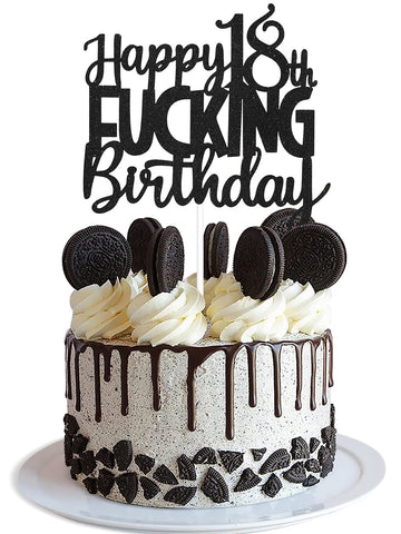Happy 18Th Fuxking Birthday Cake Topper - Funny Black Glitter Adult 18Th Birthday Cake Supplies - Hello 18 Birthday Cake Decorat