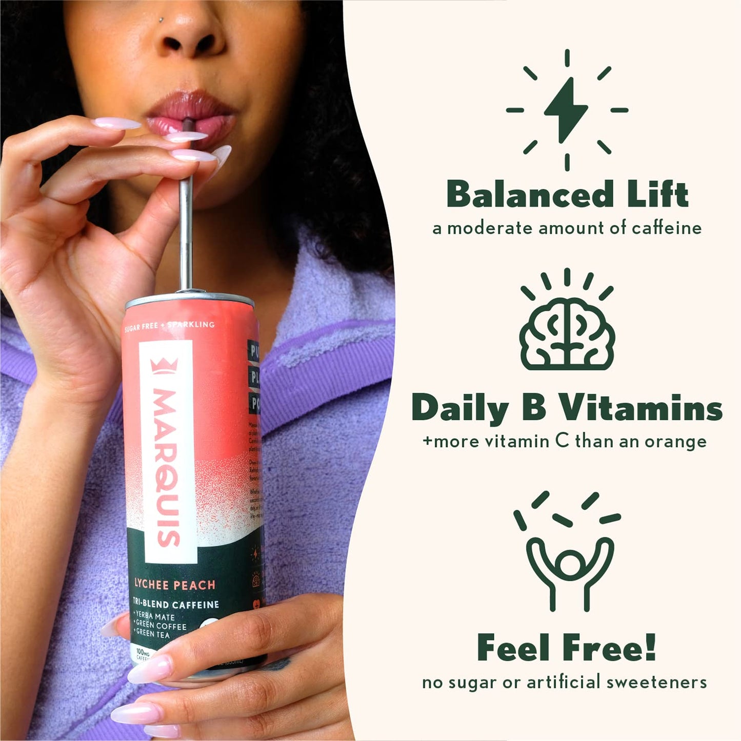 Marquis Natural Energy Drink - Lychee Peach - Sugar Free - 12 Pack - 0 Calories - 100mg Caffeine - Vegan