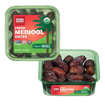 Natural Delights Organic Medjool Dates Whole - USDA Certified Organic Fruit  Good Source of Fiber & Potassium  Naturally Sweet  Snack for On-the-Go  Large & Plump Dates - 12 oz Tub (Pack of 2)