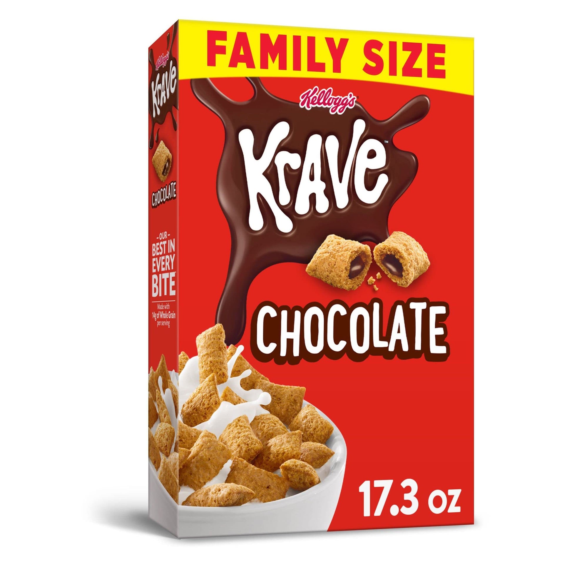 Kelloggs Krave Cold Breakfast Cereal, Kids Cereal, Family Breakfast, Family Size, Chocolate, 17.3oz Box (1 Box)