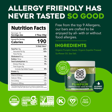 88 Acres Organic Pumpkin Seed Butter, Unsweetened, Keto-Friendly, Vegan, 28 oz, Gluten-Free, Nut-Free, 2 Pack