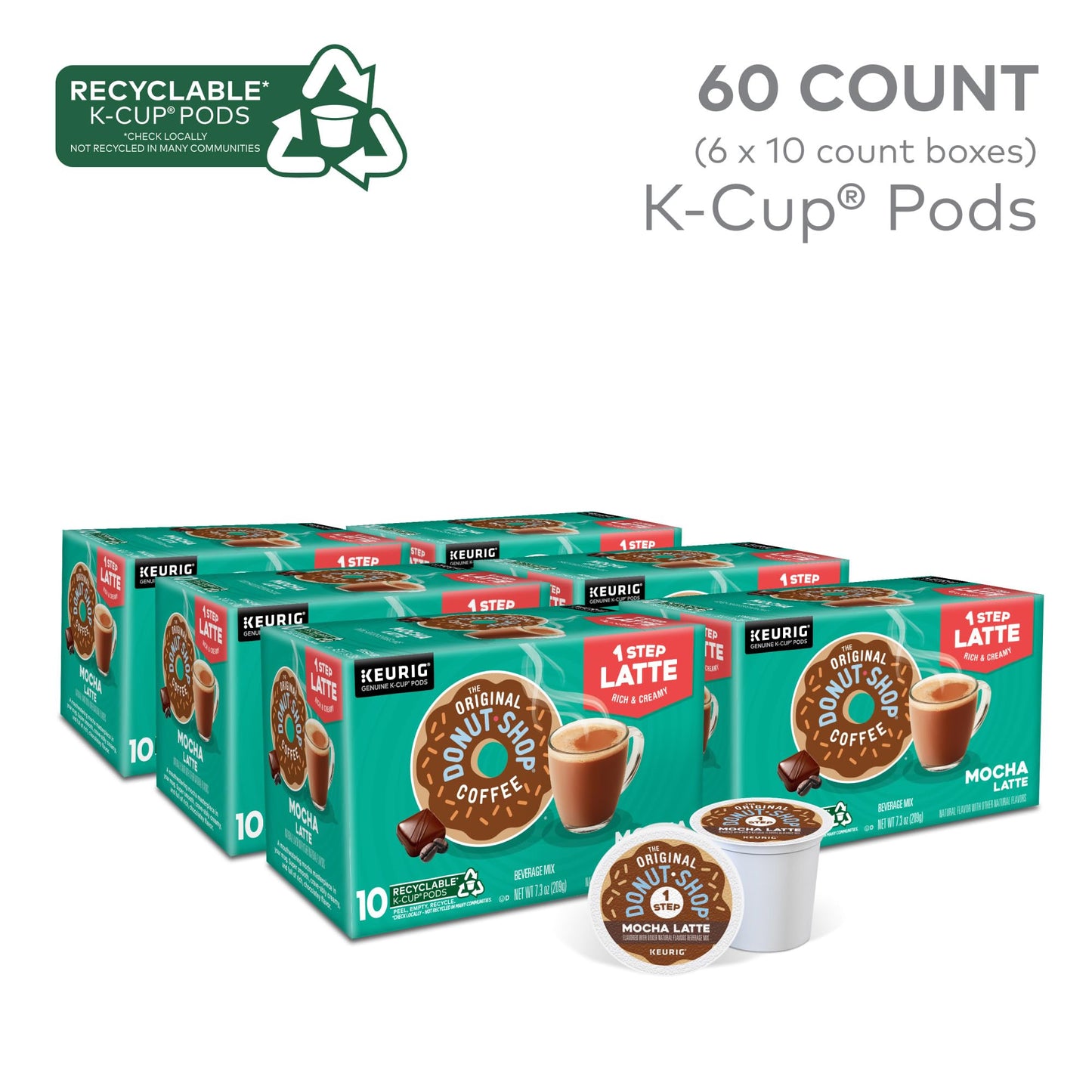 The Original Donut Shop Mocha One-Step Latte, Single Serve Coffee K-Cup Pod, Flavored Coffee, 60 Count (6 Packs Of 10)
