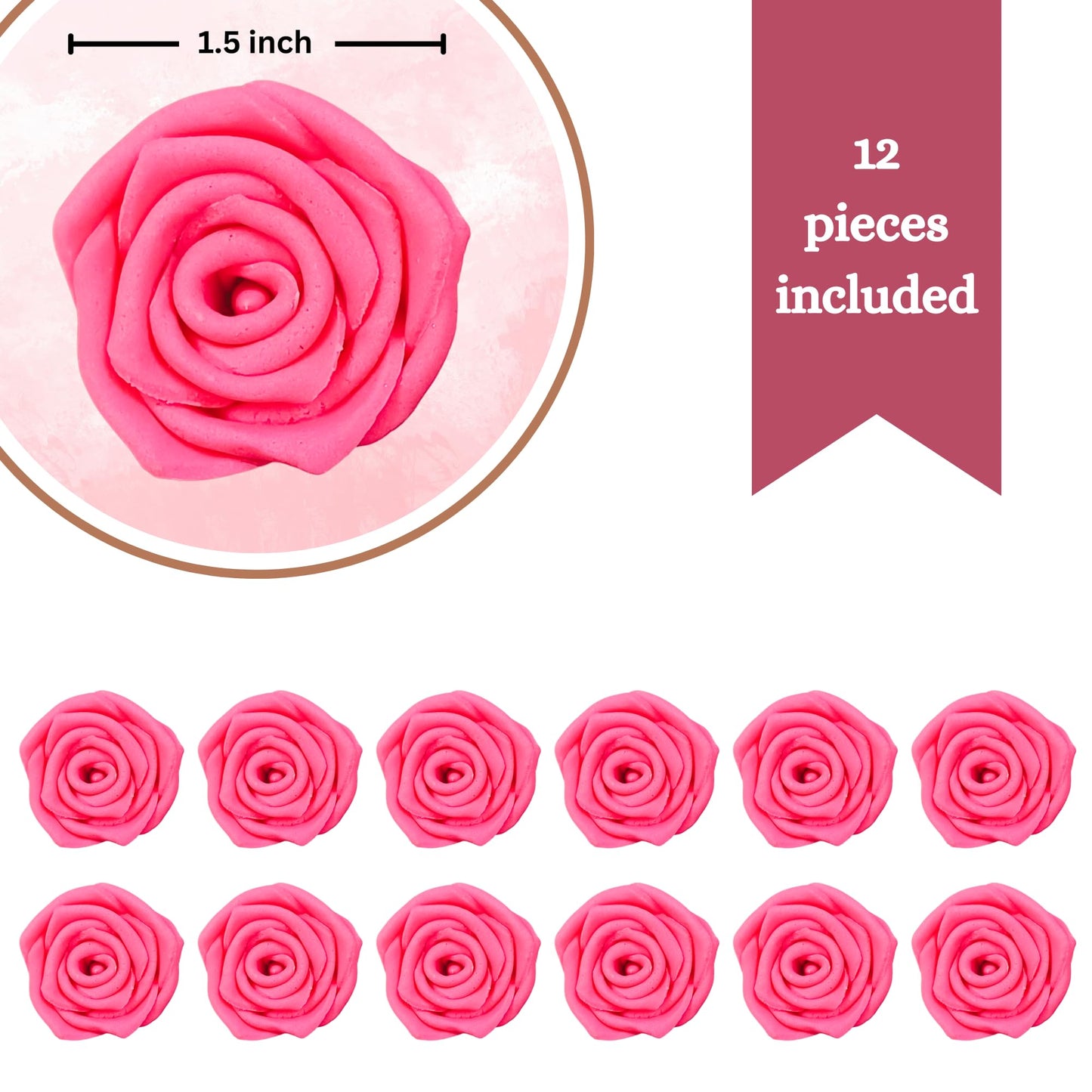 Confect Hot Pink Edible Roses - 12 Pack For Cake & Cupcake Decorating - Vegan, Gluten-Free Floral Toppers For Desserts, Nut-Free