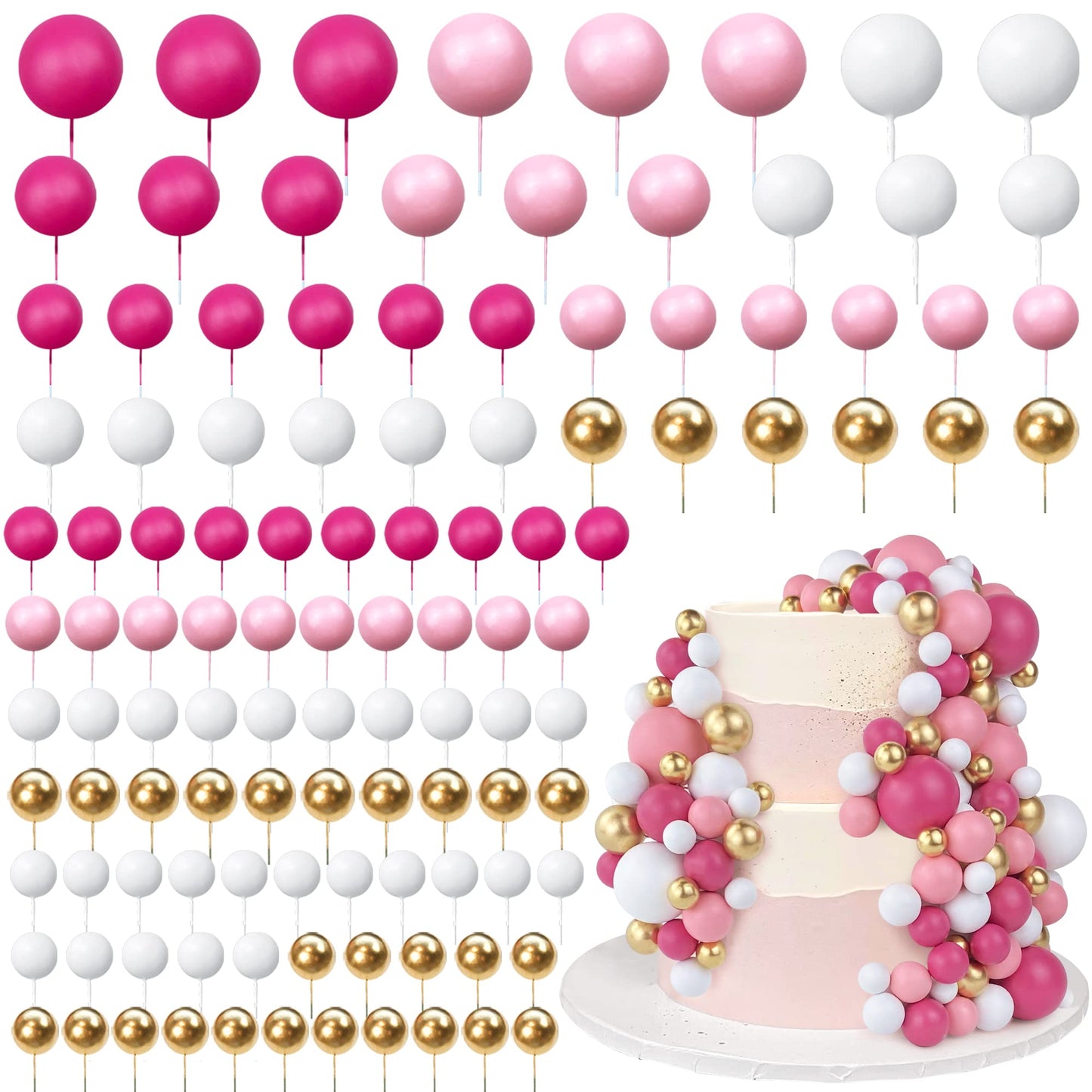 RASSLISA Foam Ball Cake Toppers, 113 PCS, 5 Sizes, Gold Pink White Hot Pink, Perfect for Birthdays, Baby Showers, and Weddings