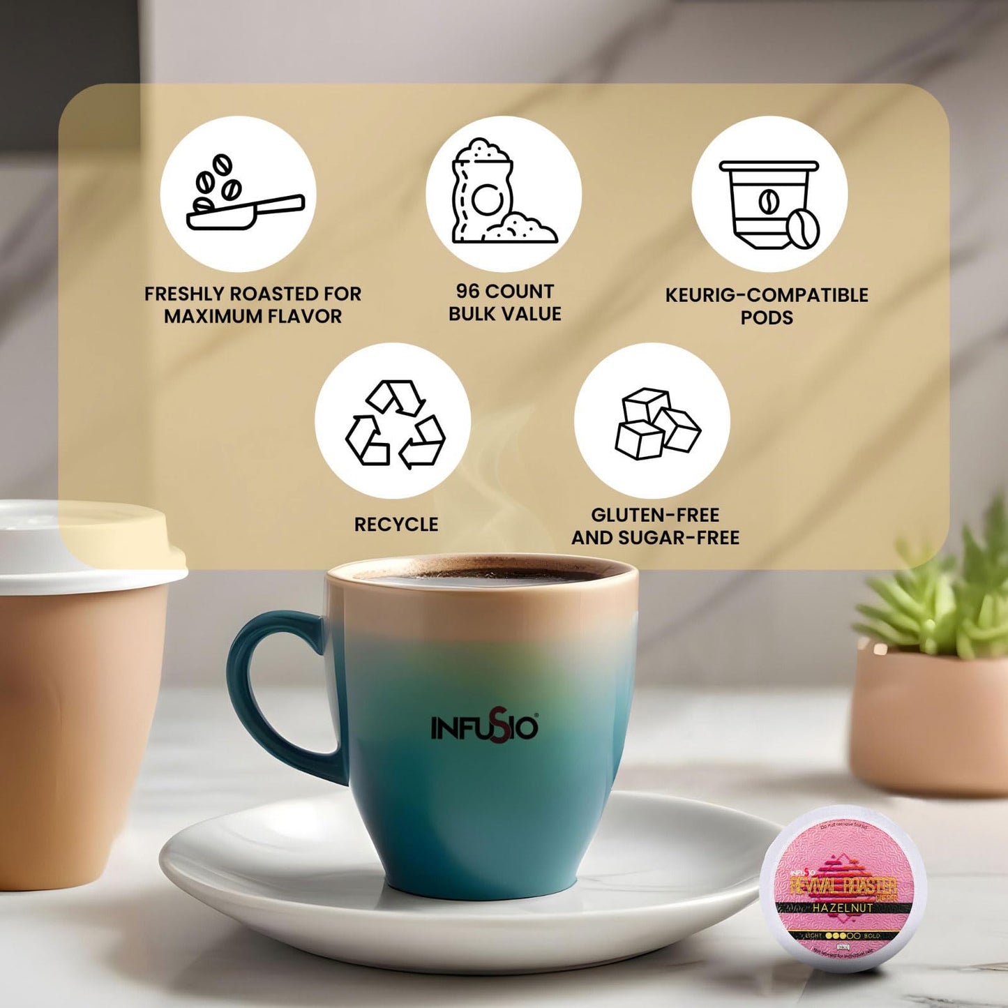 InfuSio Hazelnut Flavored Coffee Pods for Keurig K Cup, 96 Count, Single Serve, Compatible with 2.0 malt-inspired