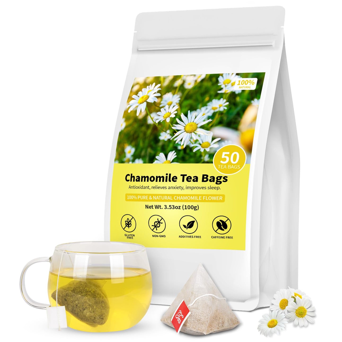 Chamomile Tea Bags  100% Pure Natural Chamomile Flower Herbal Tea For Relaxation  Energy Blend Free  Non-Gmo  Additives Free No Sugar/Gluten(1 Pack/50 Bags)