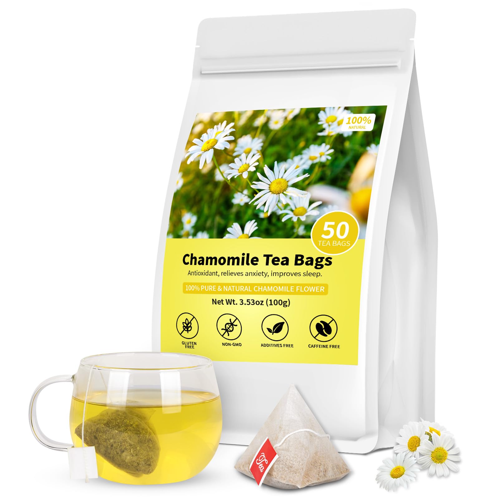 Chamomile Tea Bags  100% Pure Natural Chamomile Flower Herbal Tea For Relaxation  Energy Blend Free  Non-Gmo  Additives Free No Sugar/Gluten(1 Pack/50 Bags)