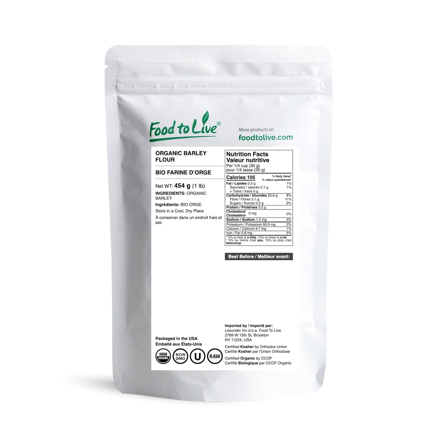 Food to Live Organic Barley Flour, 1 Pound - Non-GMO, Stone Ground from Whole Hulled Barley, Fine, Kosher, Vegan, Bulk. Rich in