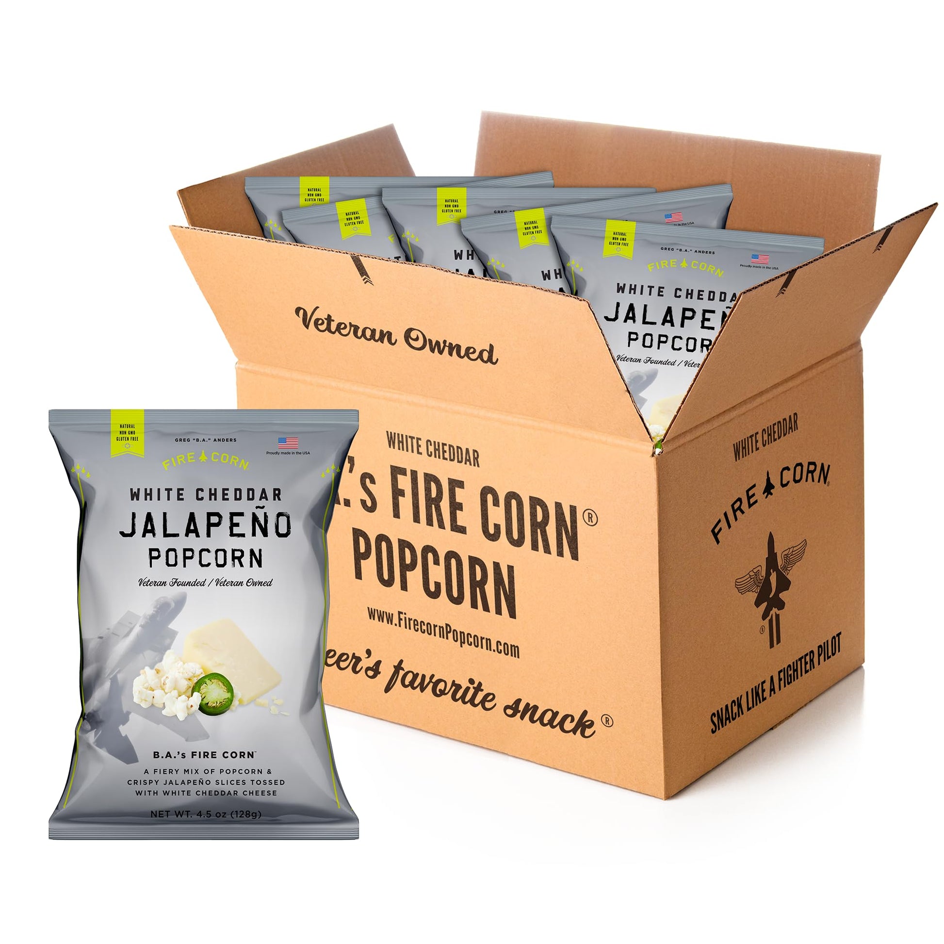 FIRE CORN Jalapeno Popcorn, White Cheddar Flavor, Gluten Free, Non-GMO, 27 oz Sharing Bags, Pack of 6